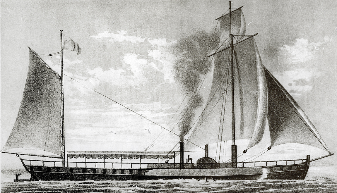  Steamships, like Robert Fulton’s design for the Paragon Steam Boat (shown here in a mezzotint print copied from Fulton’s original notebooks), revolutionized travel by sea. Naval Institute Photo Archive
