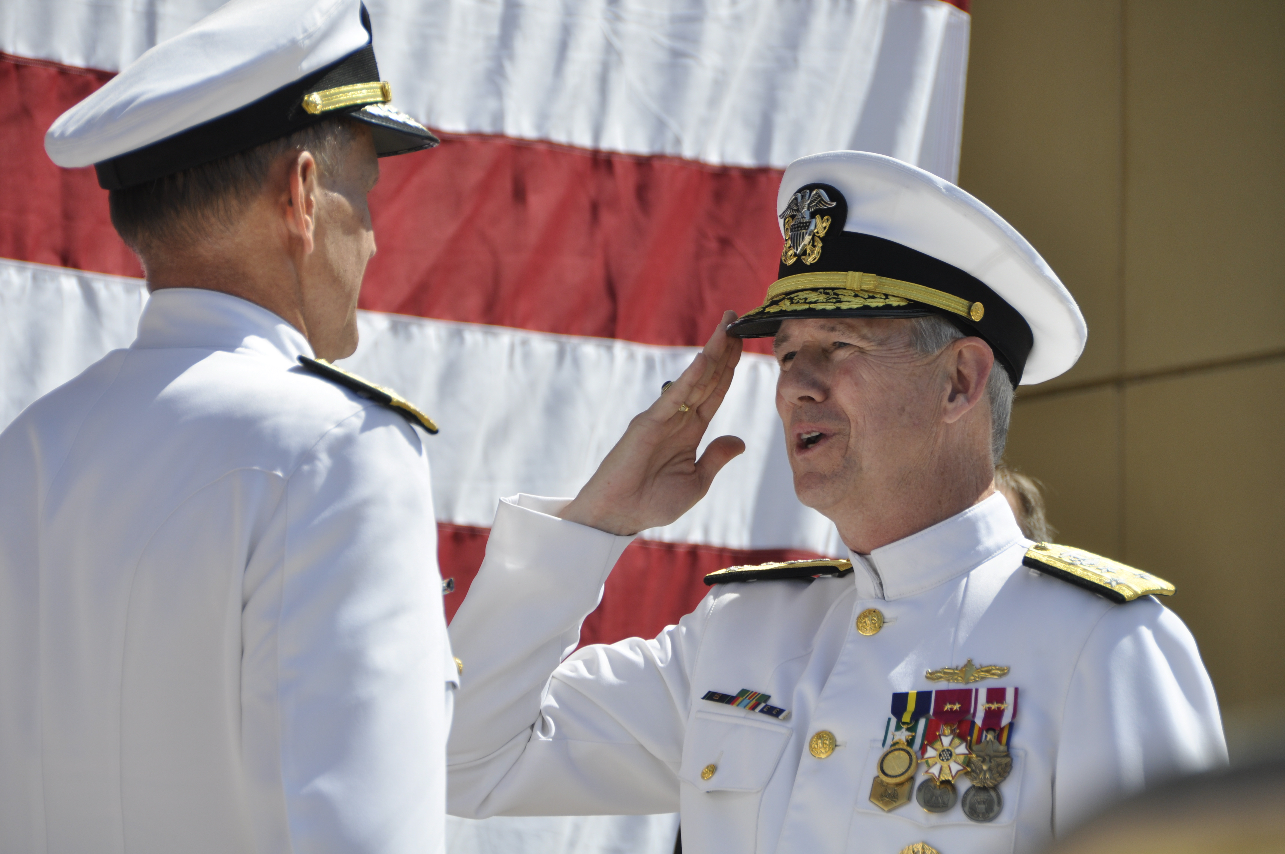 Vice Adm. Thomas Moore (right) relieves Vice Adm. William Hilarides as commander, Naval Sea Systems Command (NAVSEA) during a change of command ceremony today at the Washington Navy Yard. US Navy photo.