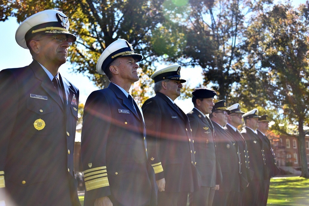 Coast Guard Commandant Adm. Paul Zukunft joins leaders representing all eight coast guard agencies of the Arctic nations after signing a Joint Statement officially establishing the Arctic Coast Guard Forum at the Coast Guard Academy in New London, Conn., Oct. 30, 2015. US Coast Guard photo.