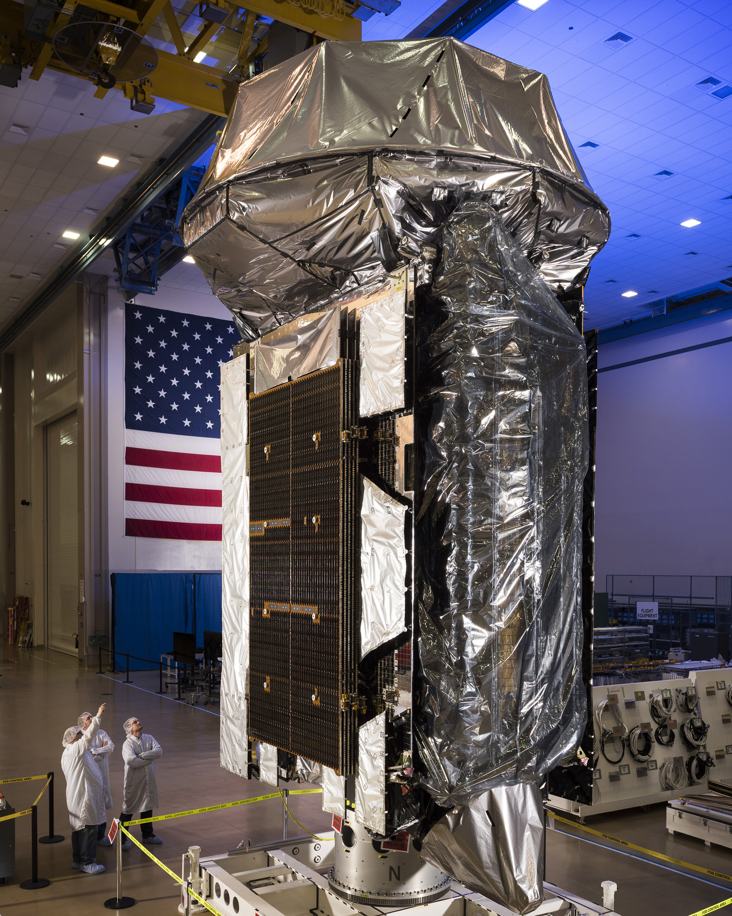 The fifth satellite of the U.S. Navy’s Mobile User Objective System (MUOS-5) at Lockheed Martin’s Sunnyvale, California satellite manufacturing facility in January 2016. Lockheed Martin photo.