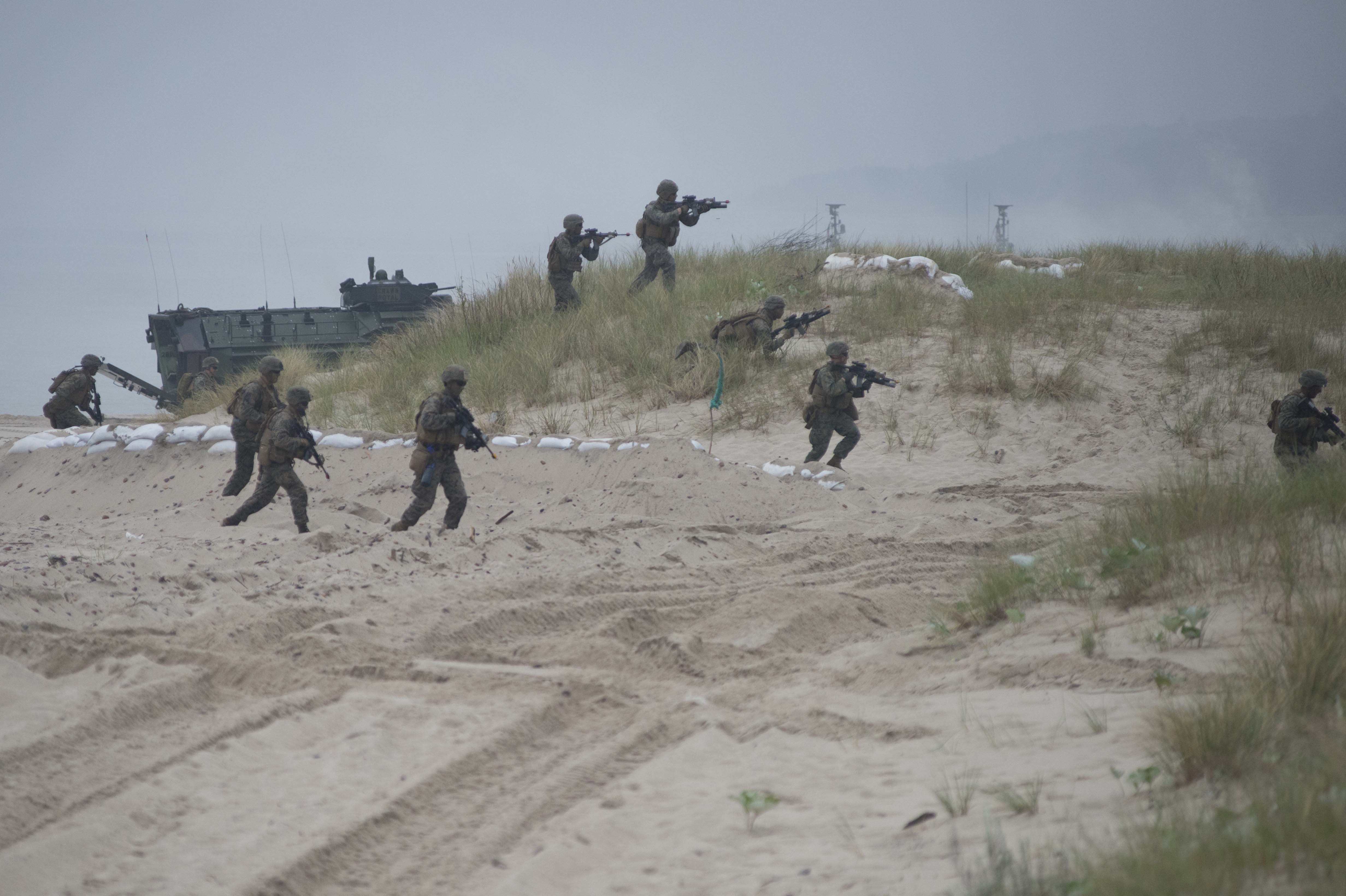 U.S. Marines from India Company, 3rd Battalion, 8th Marine Regiment participate in an amphibious landing exercise in Ustka, Poland, during BALTOPS 2016. US Navy photo.