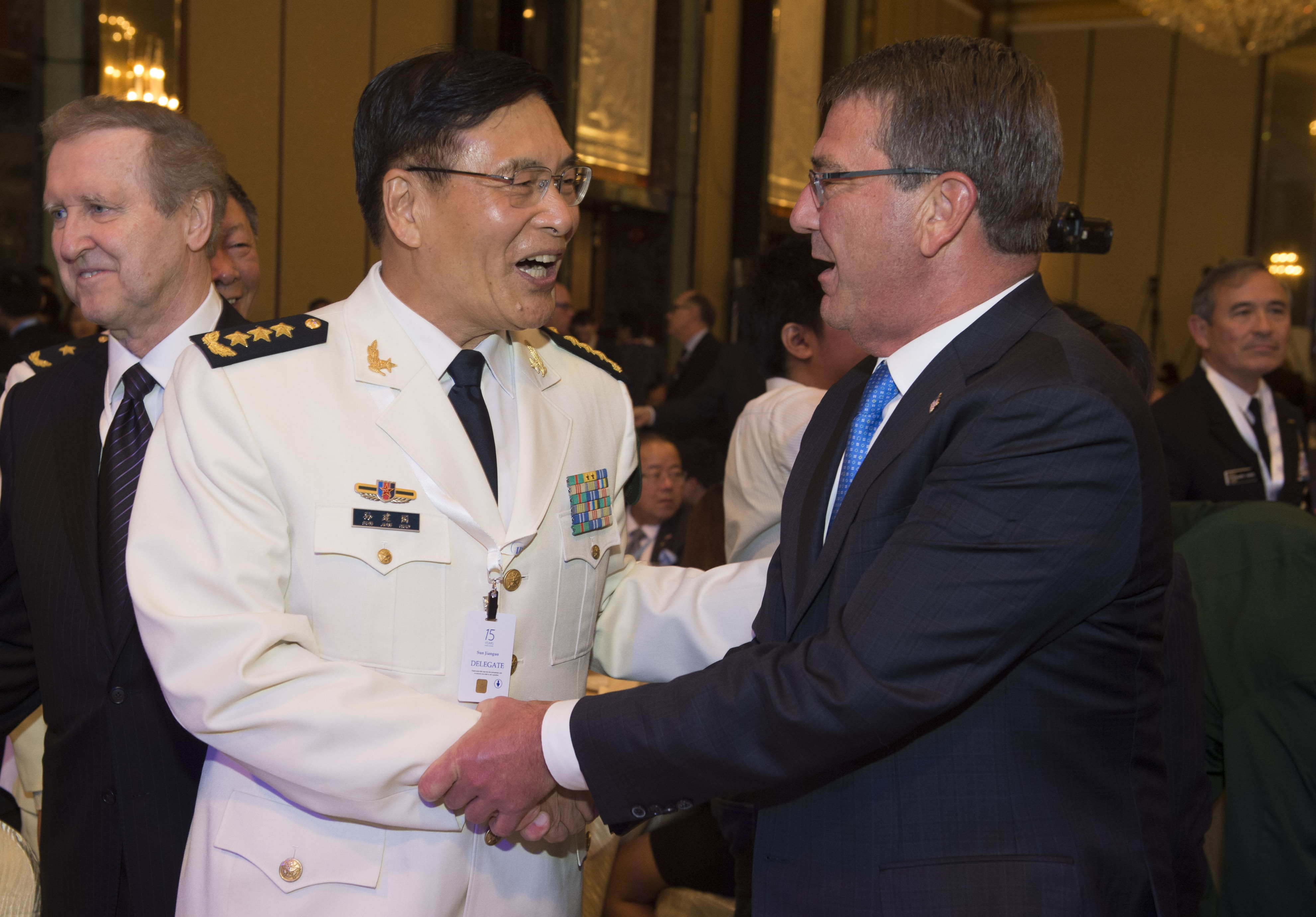 Secretary of Defense Ash Carter greets Deputy Chief of the Peoples Liberation Army (China) General Staff Adm. Sun Jianguo in Singapore on June 3, 2016. DoD Photo