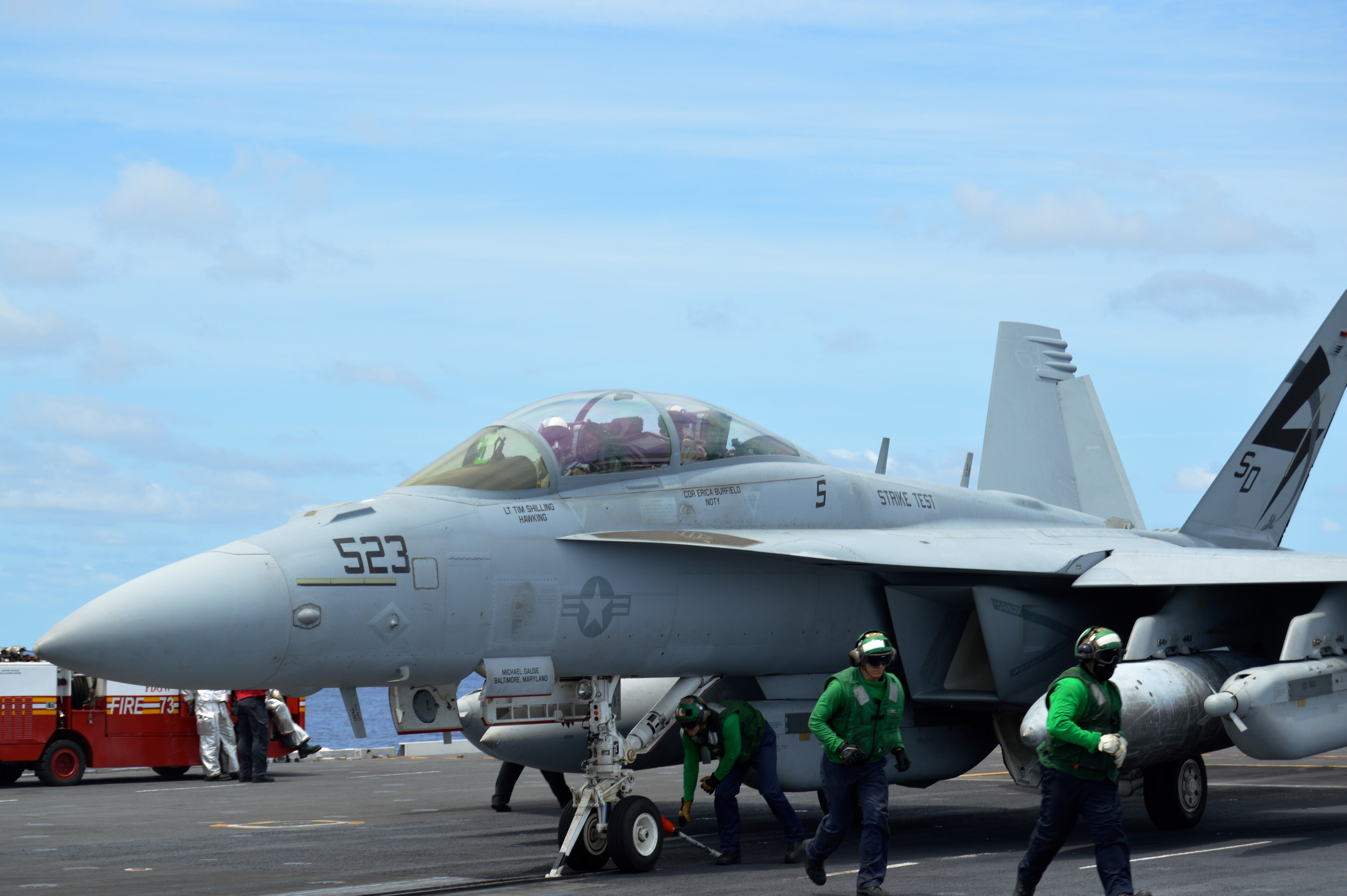 Test pilots from Air Test and Evaluation Squadron (VX) 23 prepare to launch off the deck of USS George Washington (CVN-73) on June 27, 2016, while testing the MAGIC CARPET carrier landing assistance technology. USNI News photo.