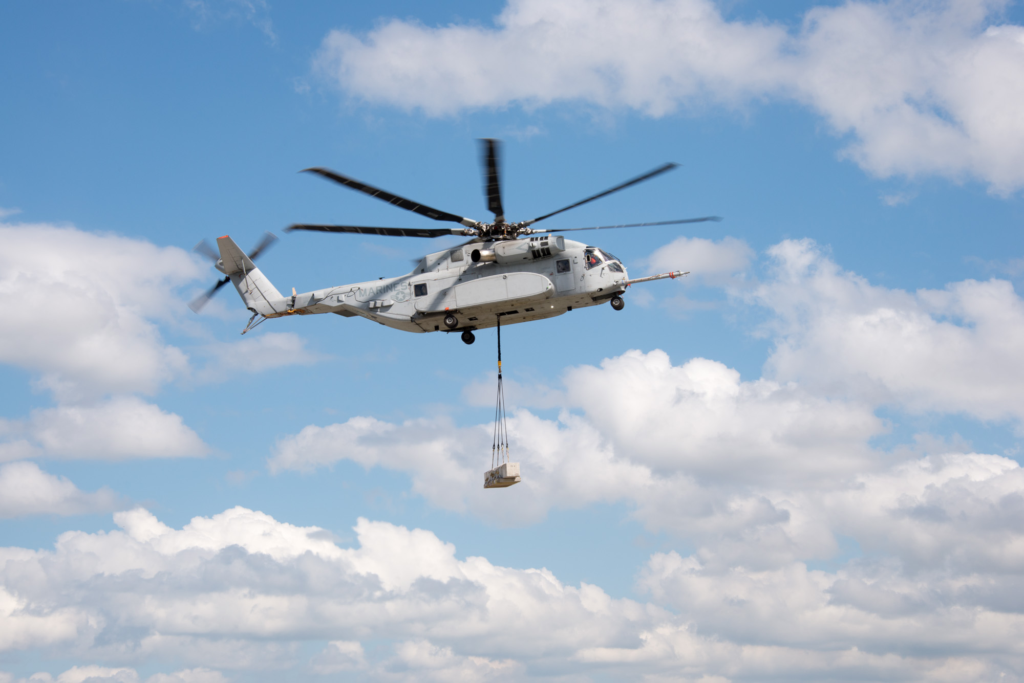 The U.S. Marine Corps' newest helicopter, the CH-53K, completed its first external load flight test carrying a 20,000 lb. load May 26 at Sikorsky Aircraft Corporation's Development Flight Center in West Palm Beach, Fla. Sikorsky photo.