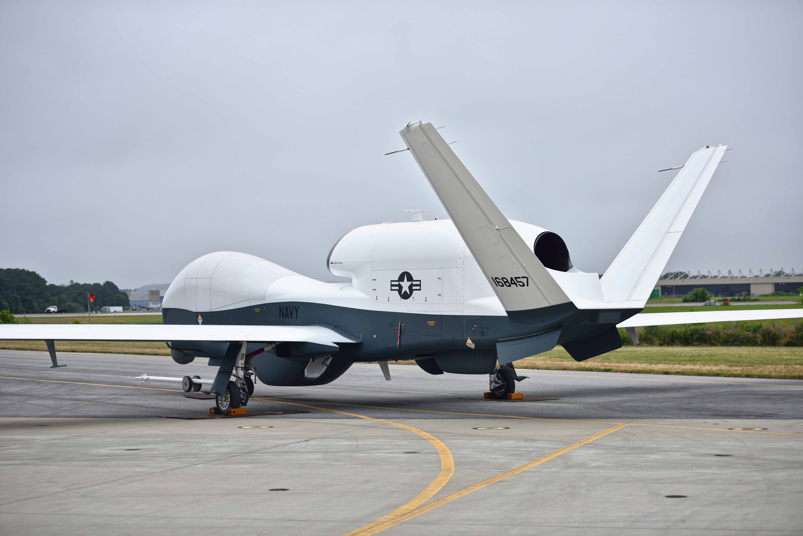 The MQ-4C Triton prepares for a flight test in June 2016 at Naval Air Station Patuxent River, Md. During two recent tests, the unmanned air system completed its first heavy weight flight and demonstrated its ability to communicate with the P-8 aircraft while airborne. US Navy photo.