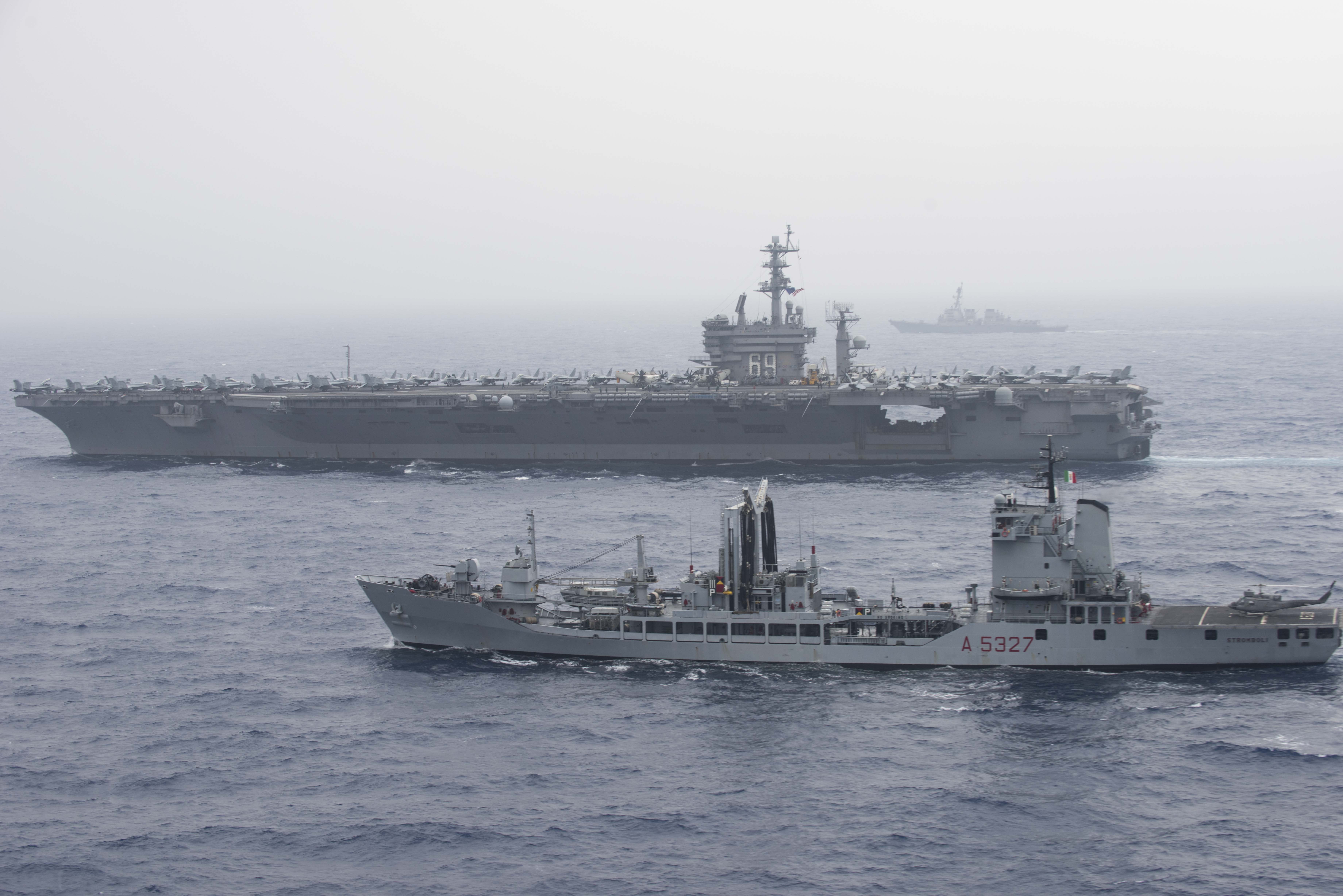 USS Dwight D. Eisenhower (CVN-69) middle participates with Italian navy ships in Flotta Verde as part of the Great Green Fleet initiative. US Navy Photo