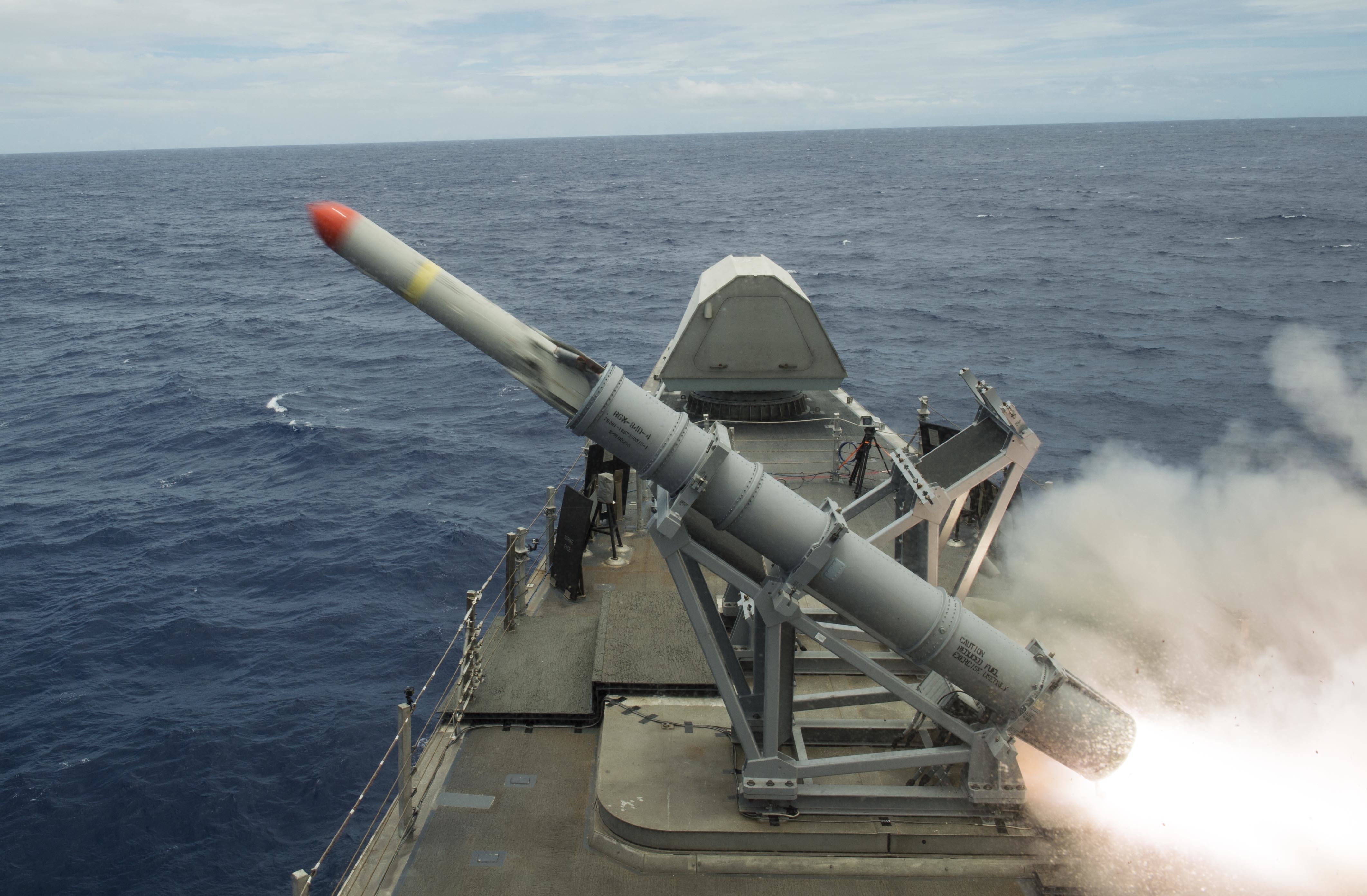USS Coronado (LCS-4), an Independence-variant littoral combat ship, launches the first over-the-horizon missile engagement using a Harpoon Block 1C missile. US Navy Photo