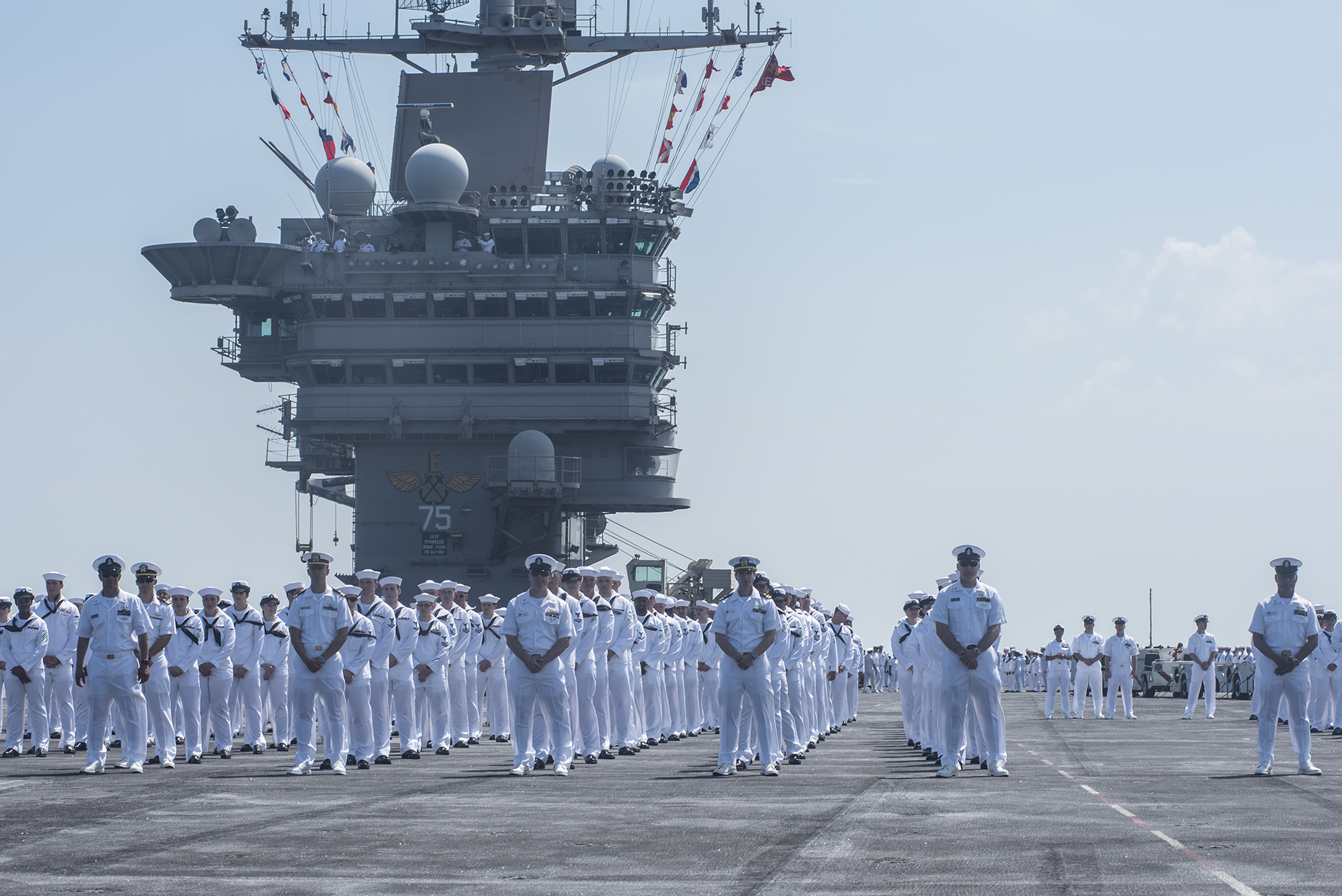 Sailors prepare to man the rails aboard the aircraft carrier USS Harry S. Truman (CVN-75) as it returns to homeport at Naval Station Norfolk, Va. on July 13, 2016. US Navy Photo