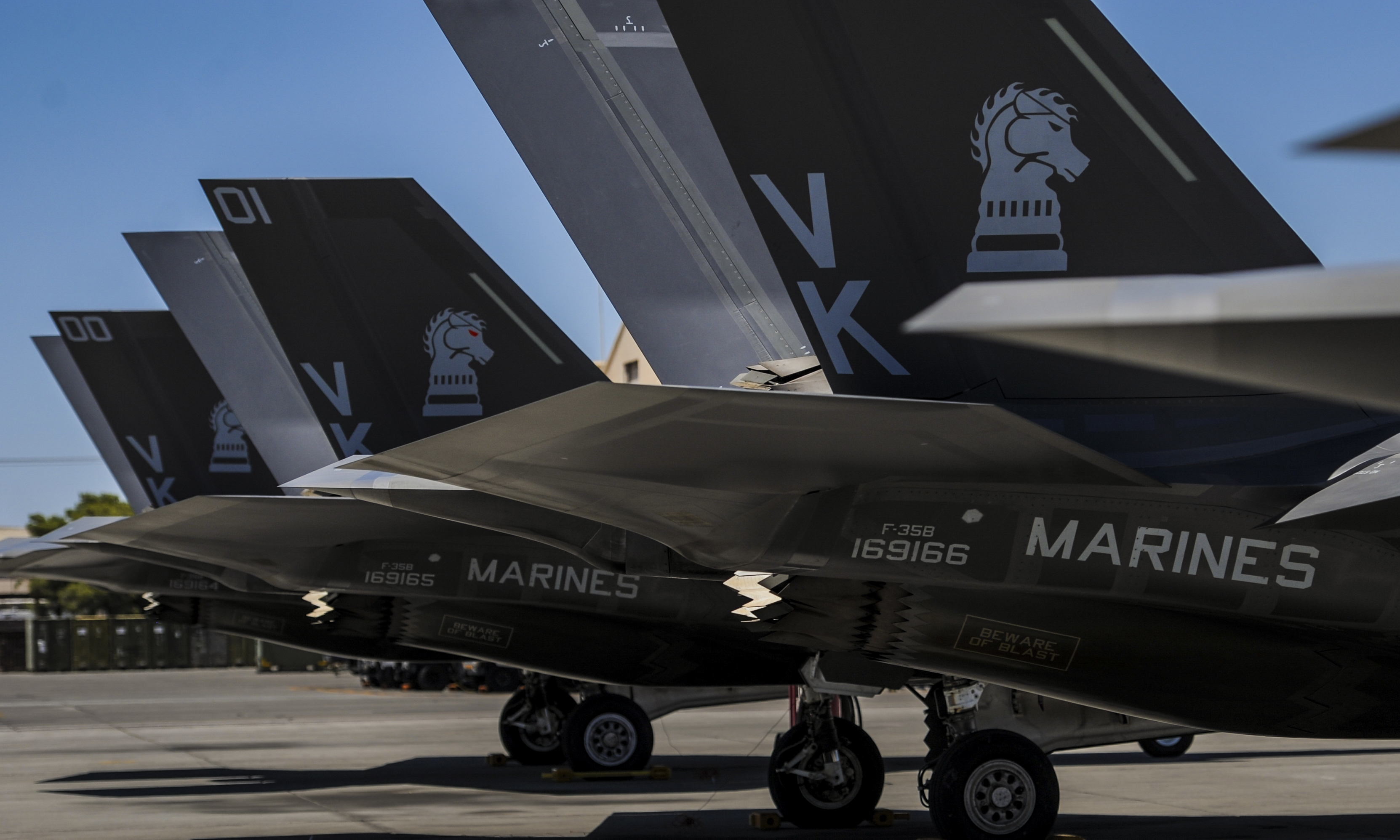 F-35Bs, assigned to the 3rd Marine Aircraft Wing, Marine Corps Air Station Yuma, Az., sit on the flightline during Red Flag 16-3 at Nellis Air Force Base, Nev on July 12, 2016. US Air Force Photo
