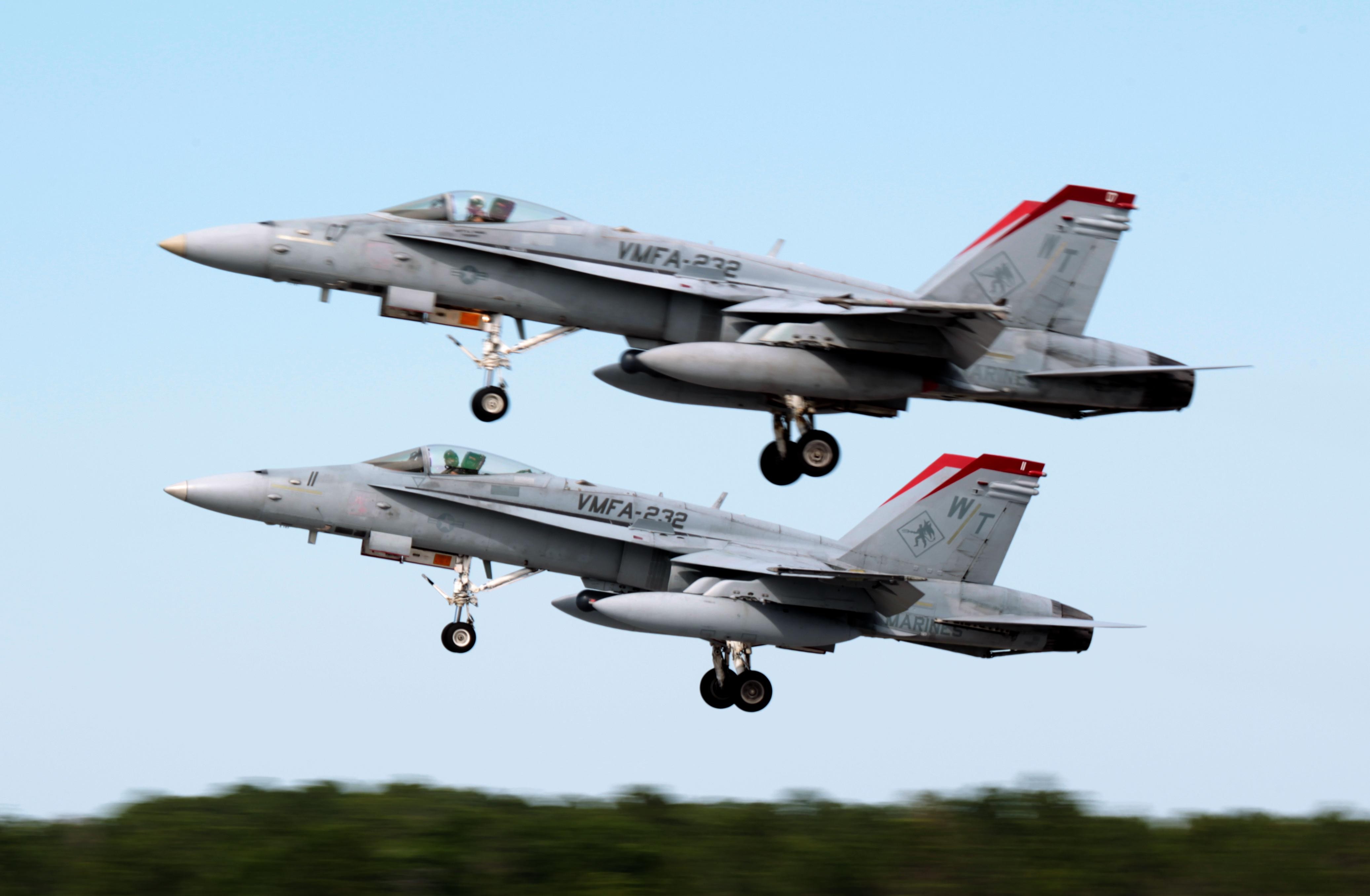 Marine Fighter Attack Squadron (VMFA) 232, Marine Aircraft Group 11, 3rd Marine Aircraft Wing fly F/A-18C Hornet airplanes during deployment for training on Tyndall Air Force Base, Fla., May 13, 2013. US Marine Corps photo.