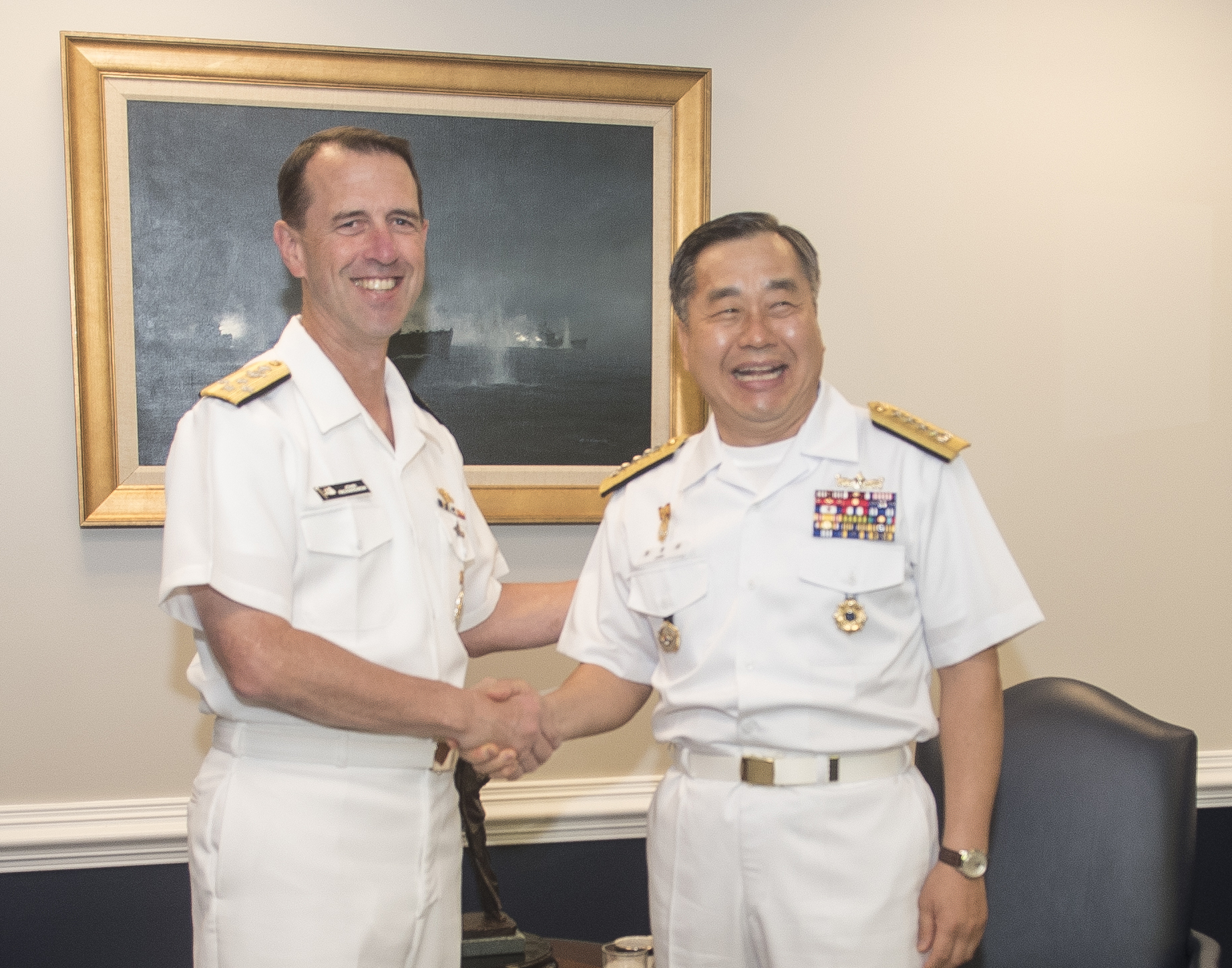 Chief of Naval Operations (CNO) Adm. John Richardson met with his South Korean (ROK) counterpart, Adm. Jung Ho-sub at the Pentagon on Aug 4, 2016. US Navy Photo
