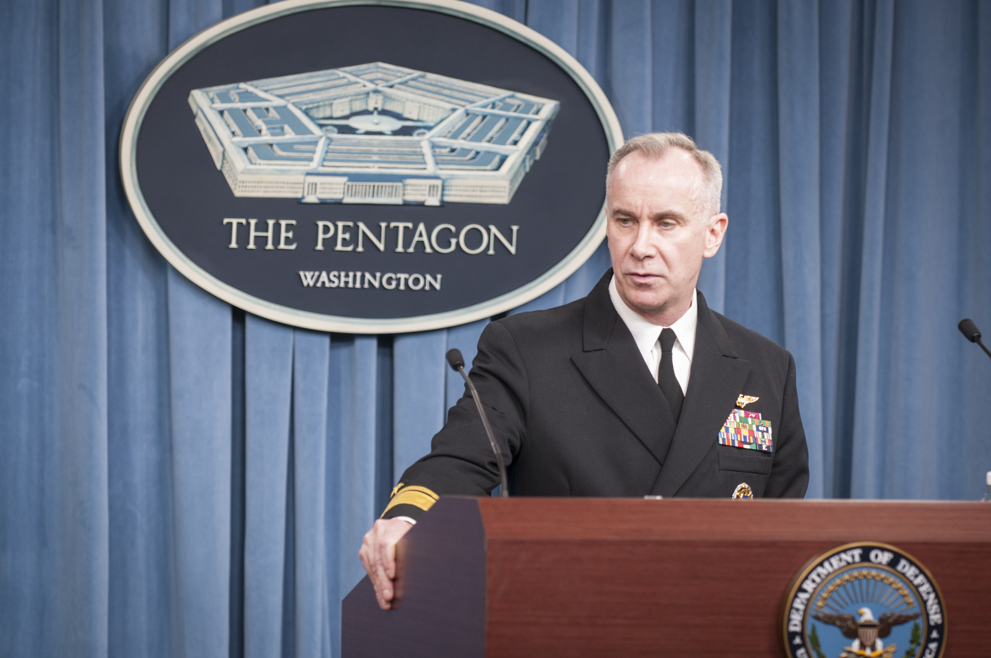 Rear Adm. William K. Lescher, Deputy Assistant Secretary of the Navy for Budget (FMB) Director, Fiscal Management Division, OPNAV (N82), delivers remarks during a press briefing following the release of the Department of the Navy’s proposed budget for fiscal year 2017. US Navy photo.