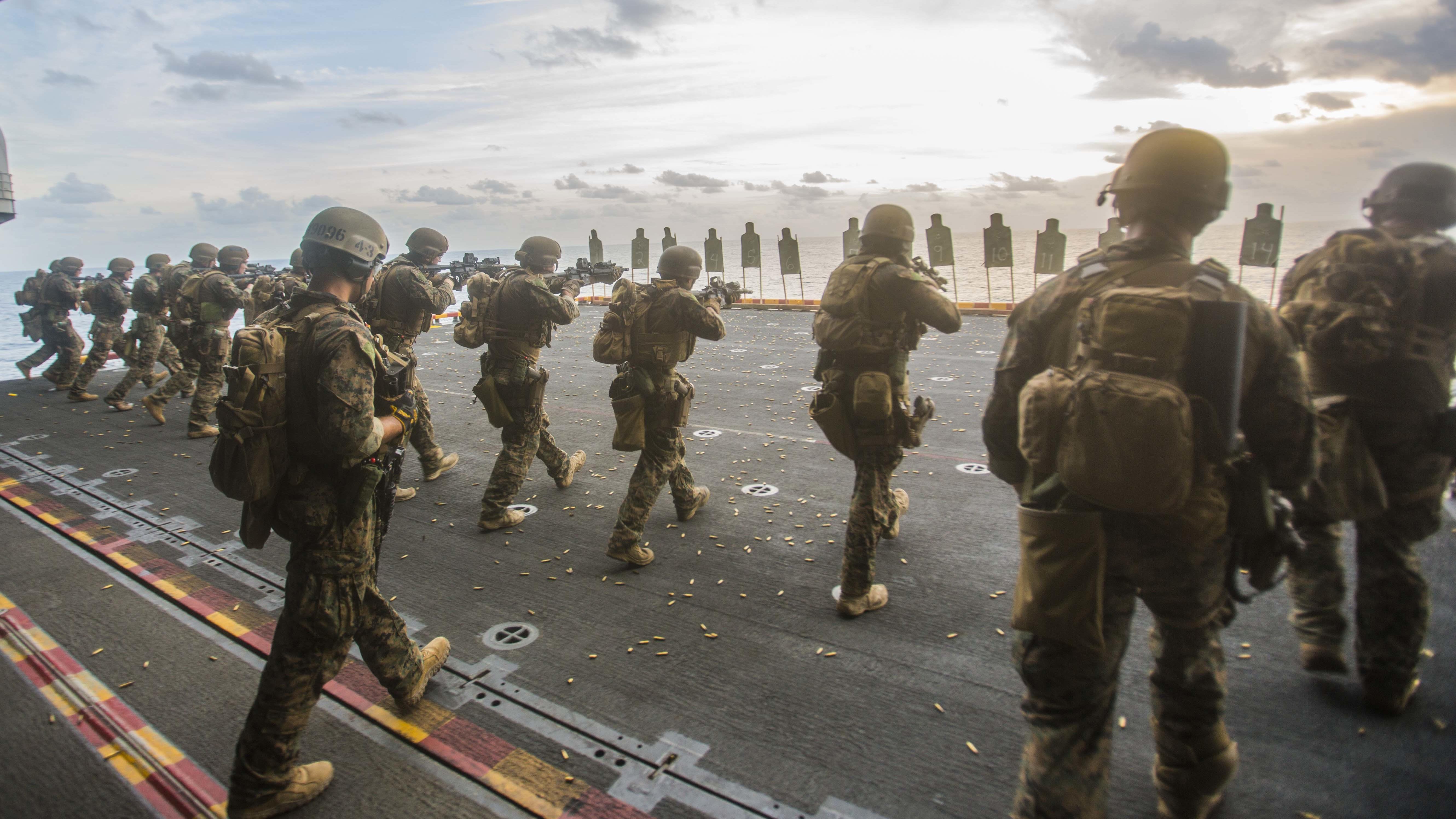 Marines with the 13th MEU conduct live fire drill on USS Boxer (LHD-4). US Marine Corps Photo