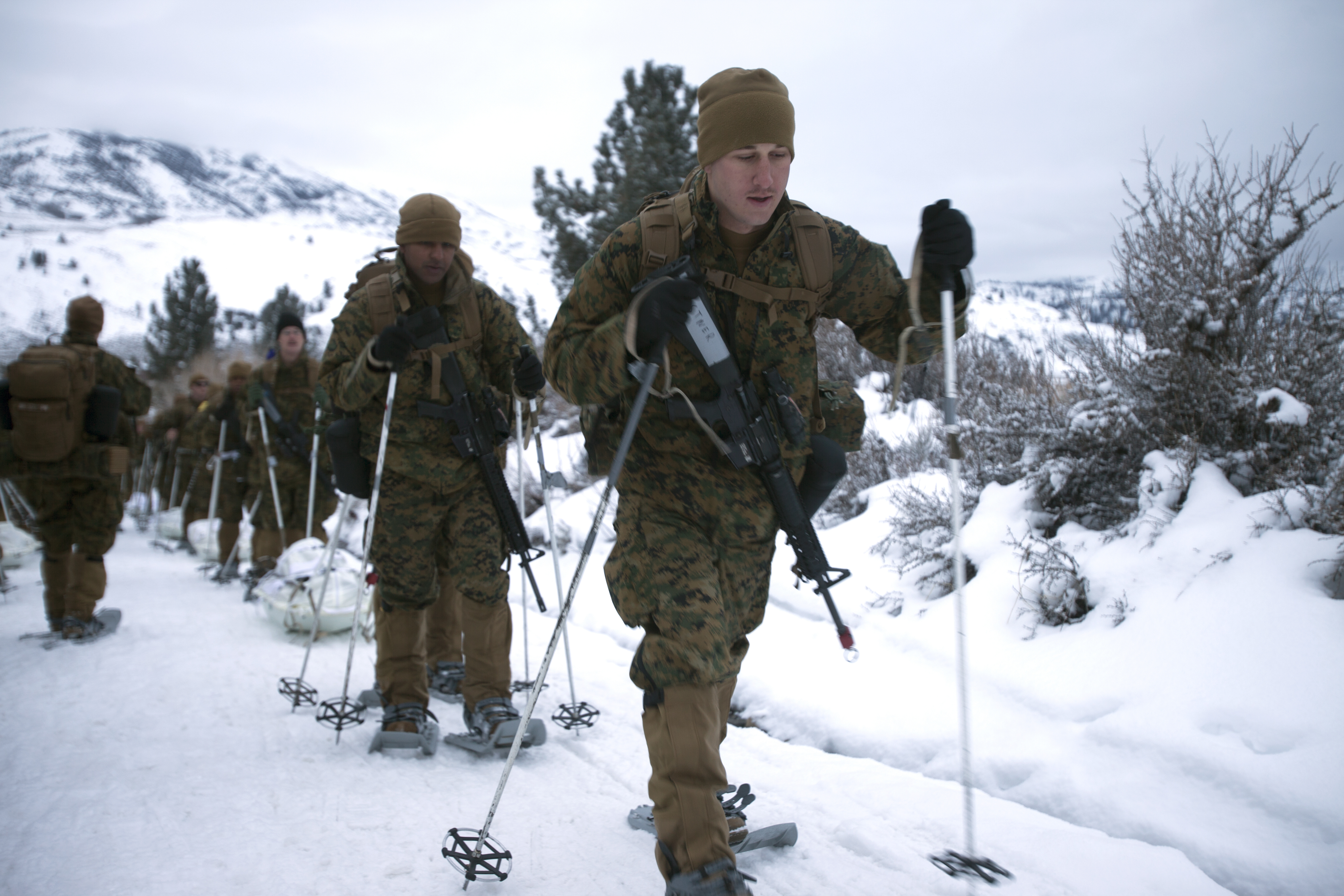 Cpl. Tyler D. Castner leads Marines up a mountain during cold weather training at Marine Corps Mountain Warfare Training Center, Calif. on Jan. 21, 2016. US Marine Corps Photo