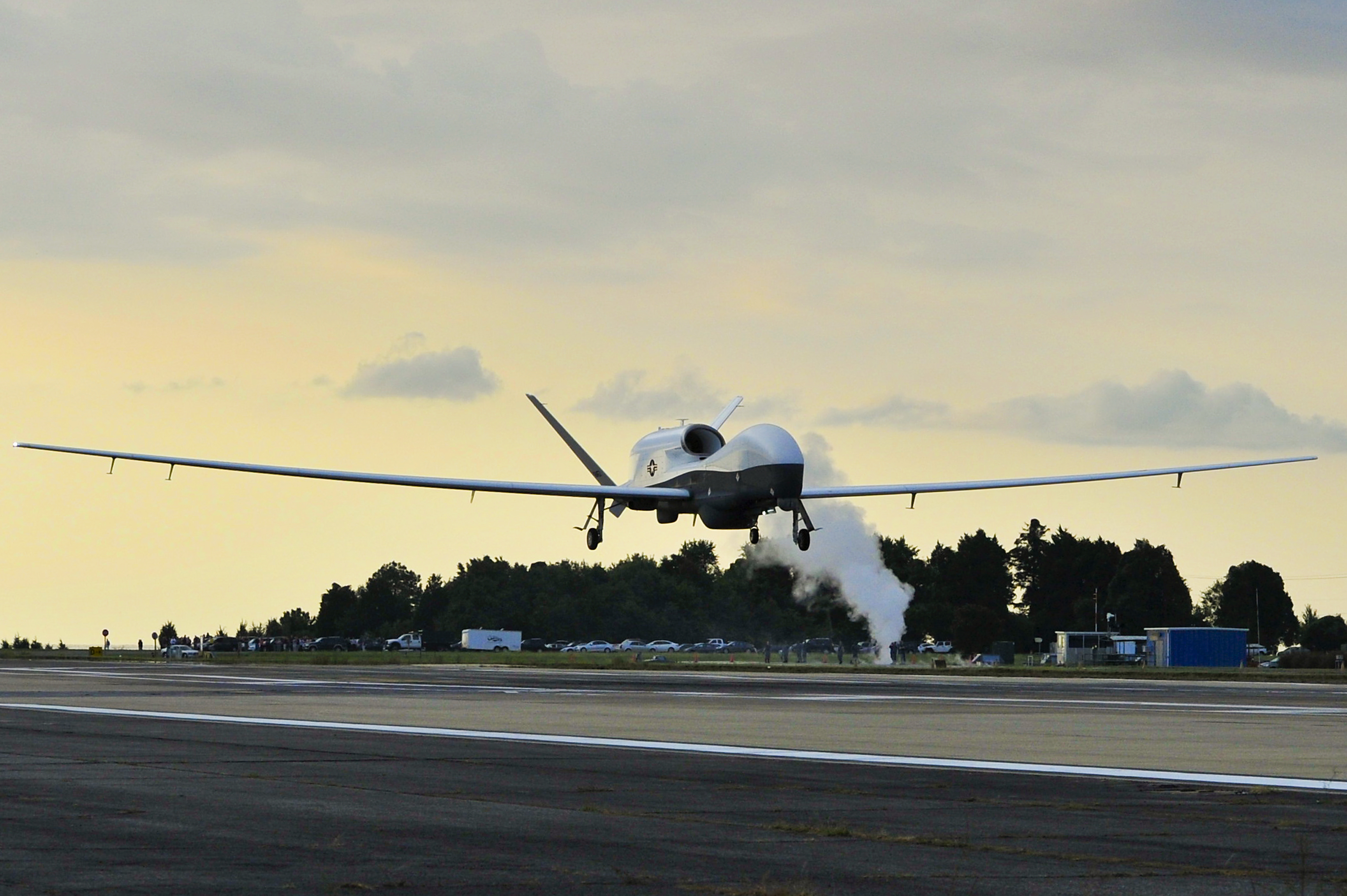 The MQ-4C Triton unmanned aircraft system approaches the runway at Naval Air Station Patuxent River, Md., after completing its inaugural cross-country flight from California on Sept. 18, 2014. US Navy photo. 