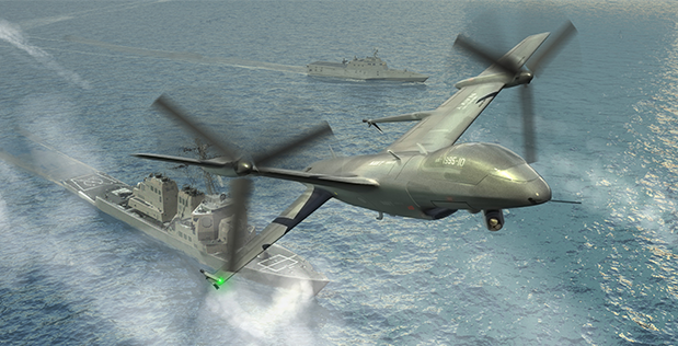 The Office of Naval Research and DARPA are collaborating on the Tern project to give forward-deployed small ships the ability to serve as mobile launch and recovery sites for medium-altitude, long-endurance unmanned aerial systems that would provide ISR and other capabilities. DARPA rendering.