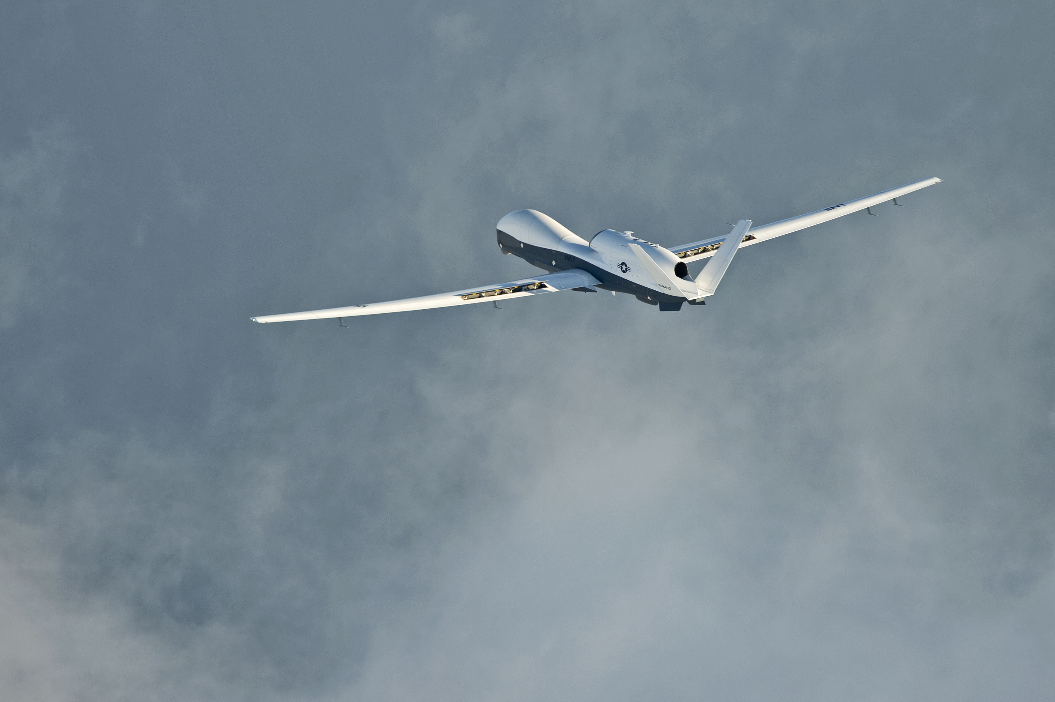 The MQ-4C Triton unmanned aircraft system completes its inaugural cross-country ferry flight at Naval Air Station Patuxent River, Md. Triton took off from the Northrop Grumman Palmdale, Calif. facility Sept. 17, 2014. US Navy photo.