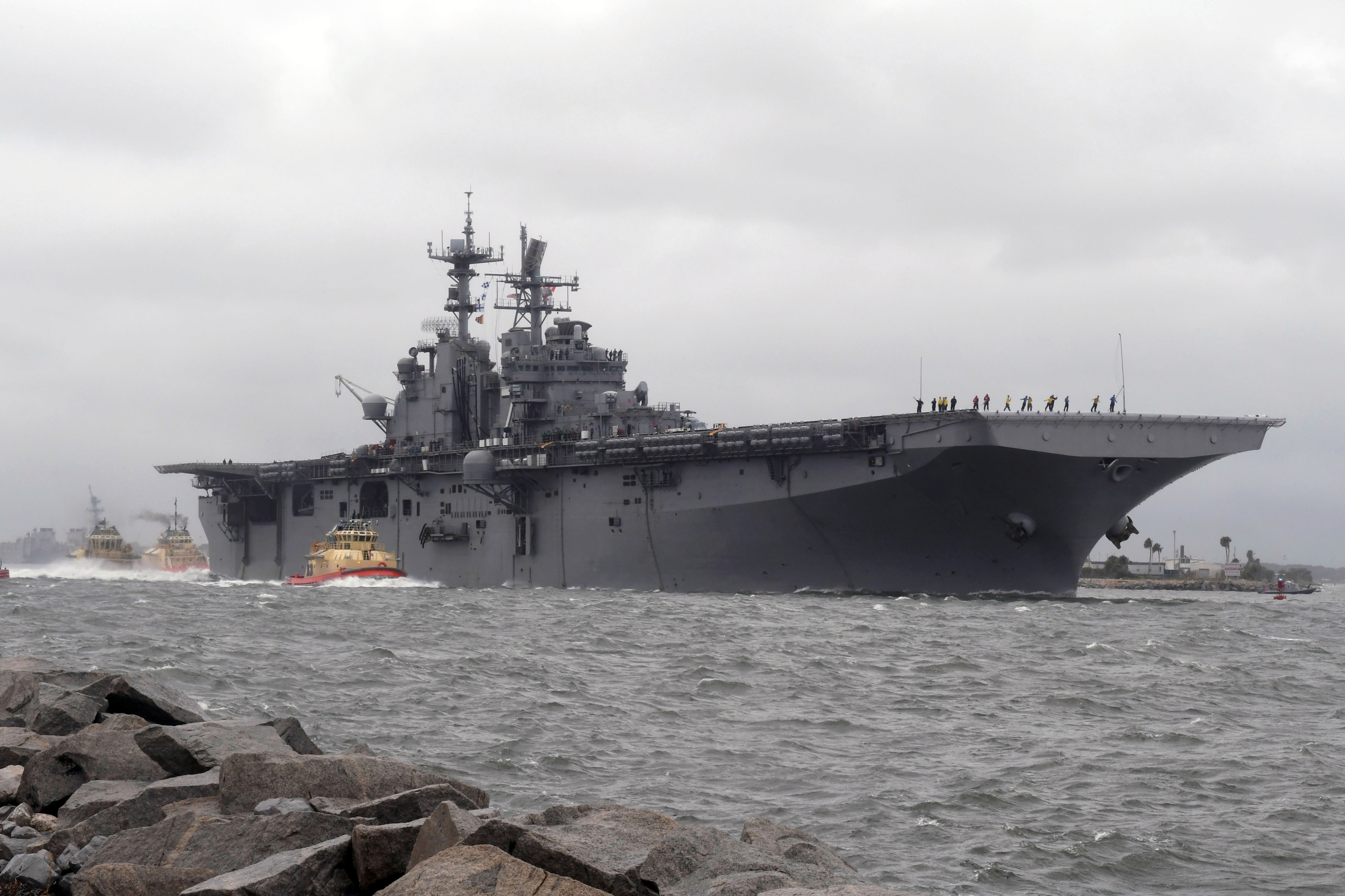 Amphibious assault ship USS Iwo Jima (LHD 7) departs Naval Station Mayport in preparation of Hurricane Matthew's arrival onto Florida's eastern coast. US Navy photo.