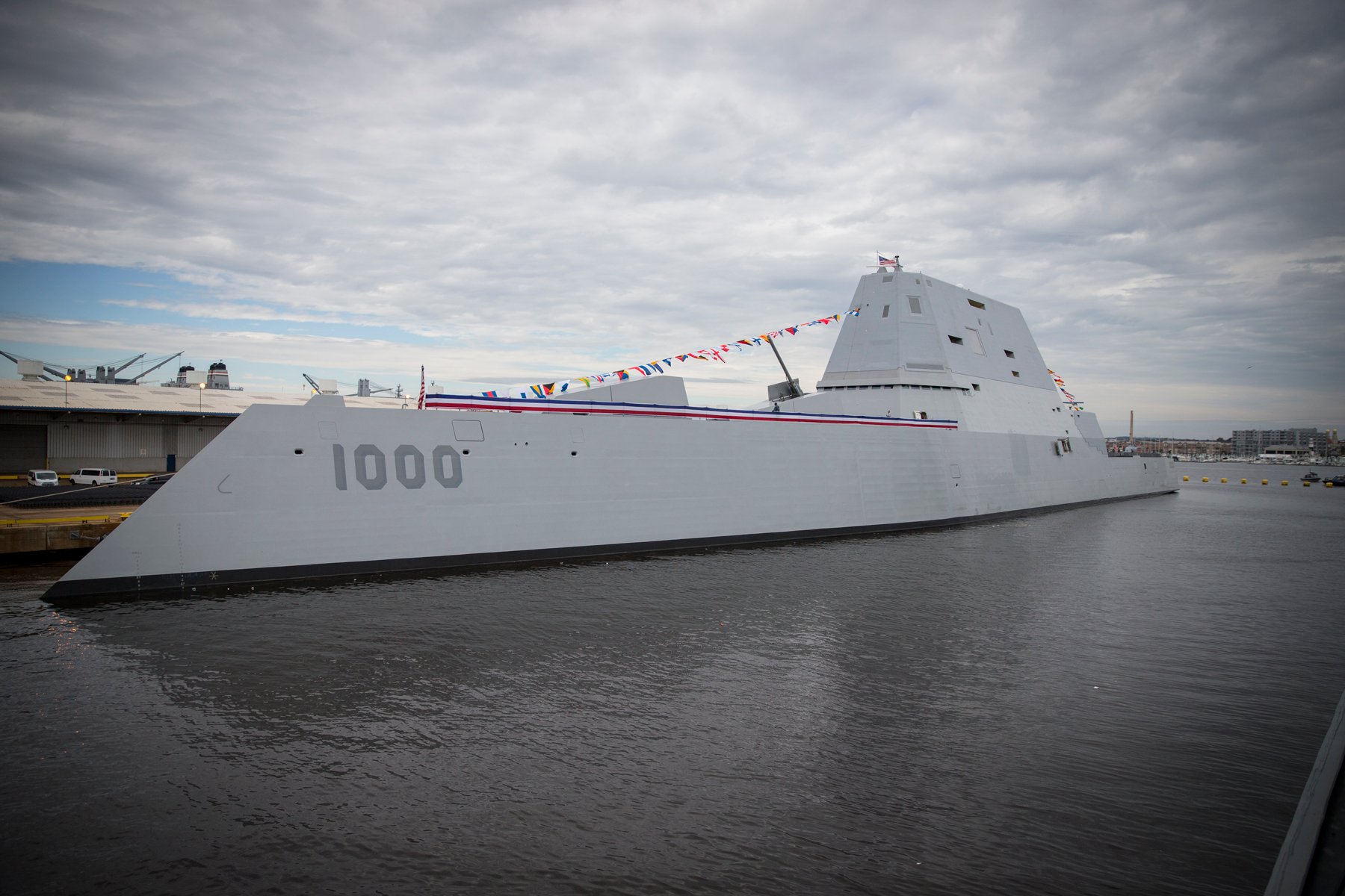 USS Zumwalt (DDG 1000) sits pierside at Canton Port Services in preparation for its commissioning on Oct. 15, 2016. US Navy photo.