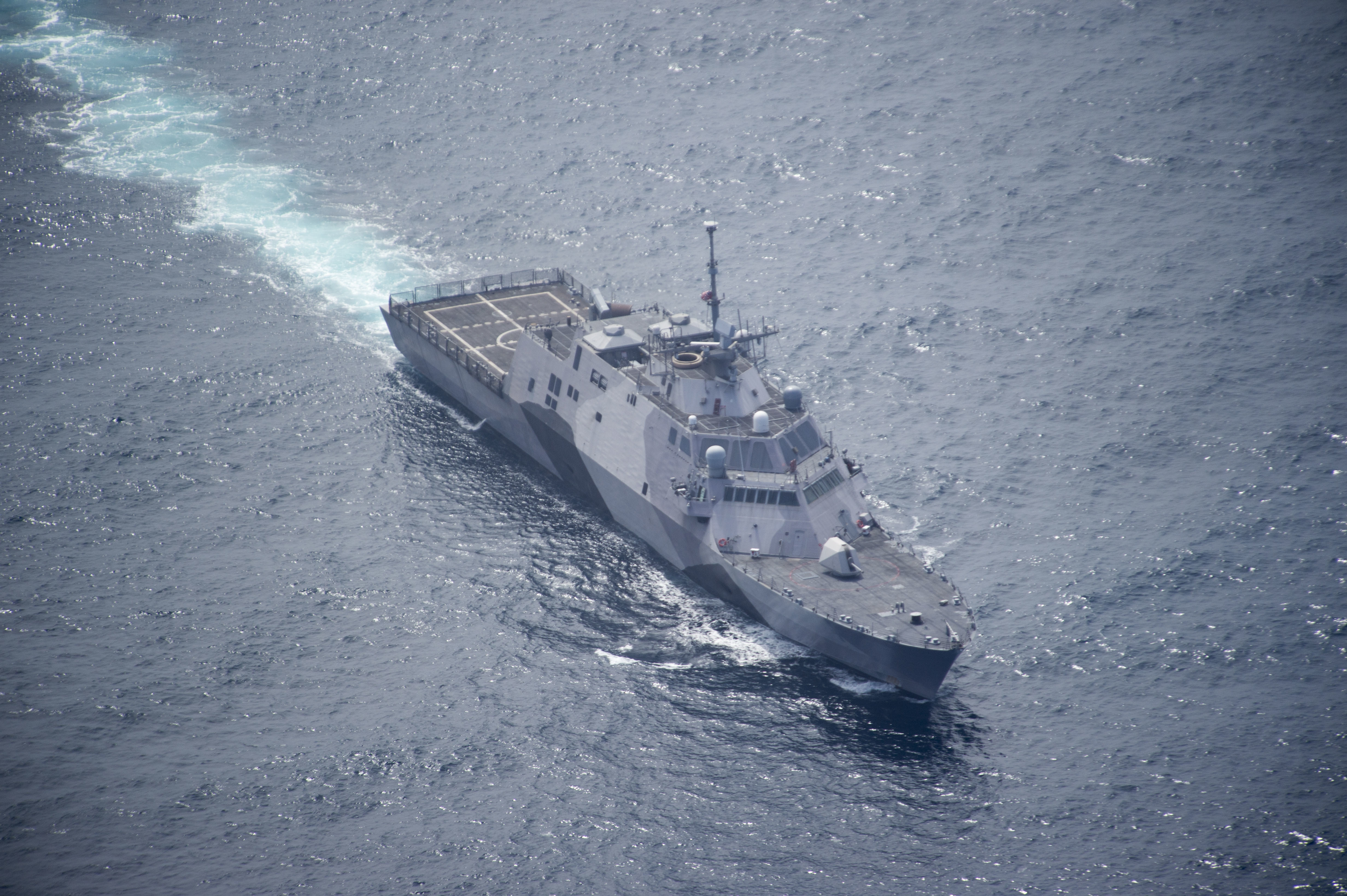 The littoral combat ship USS Freedom (LCS 1) transits the Pacific Ocean after departing Naval Base San Diego July 9, to participate in the Rim of the Pacific 2016 exercise. The engineering casualty that led to the engine damage happened this day, during transit from San Diego to Hawaii for the Rim of the Pacific exercise. US Navy photo.