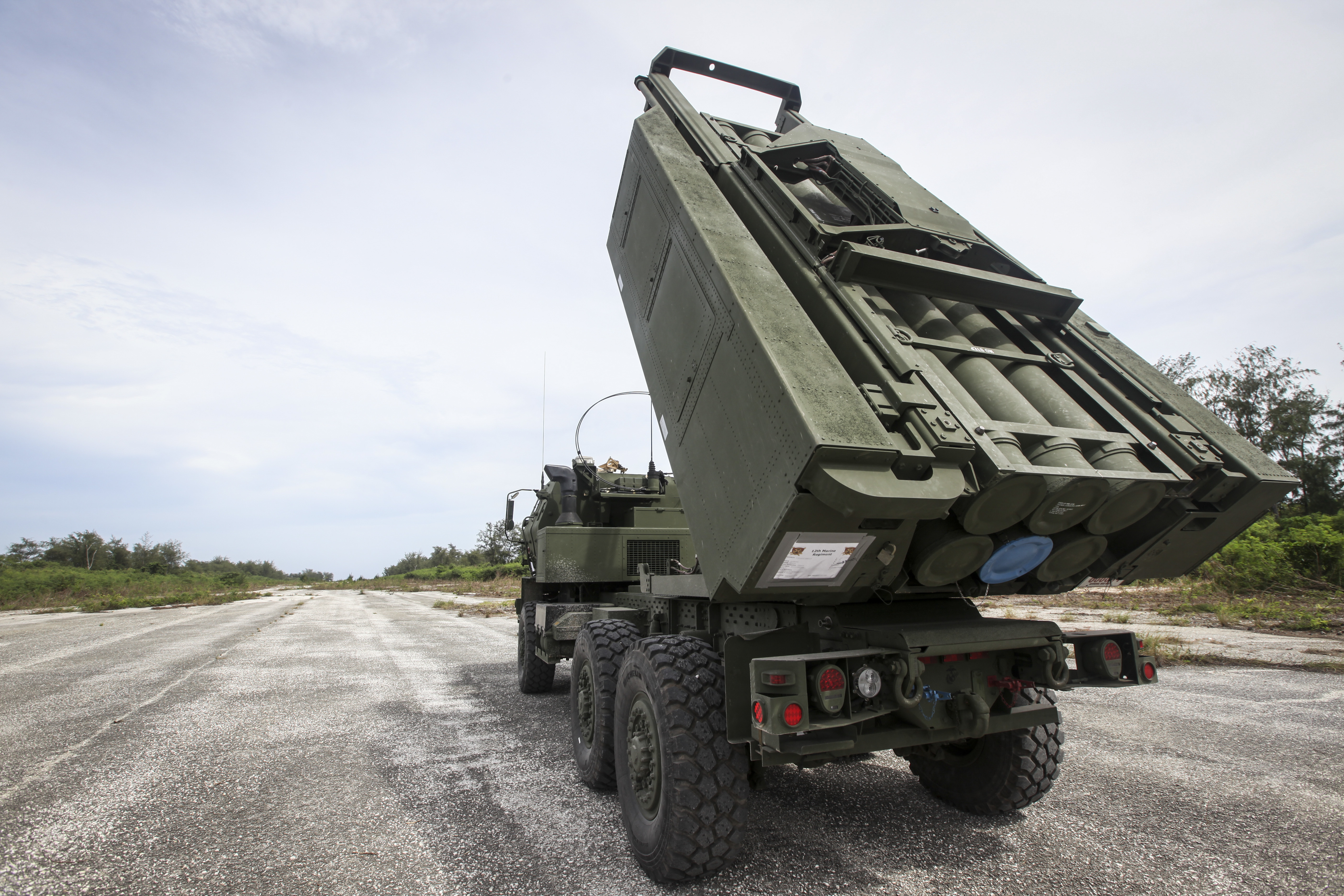 A High Mobility Artillery Rocket System (HIMARS) practices targeting during Valiant Shield 16 on Tinian island in the Northern Marianas, Sept. 21, 2016. The combat rehearsal demonstrated the HIMARS expeditionary capability in support of Valiant Shield, a biennial, U.S. Air Force, Navy, and Marine Corps exercise held in Guam, focusing on real-world proficiency in sustaining joint forces at sea, in the air, on land and in cyberspace. US Marine Corps photo.