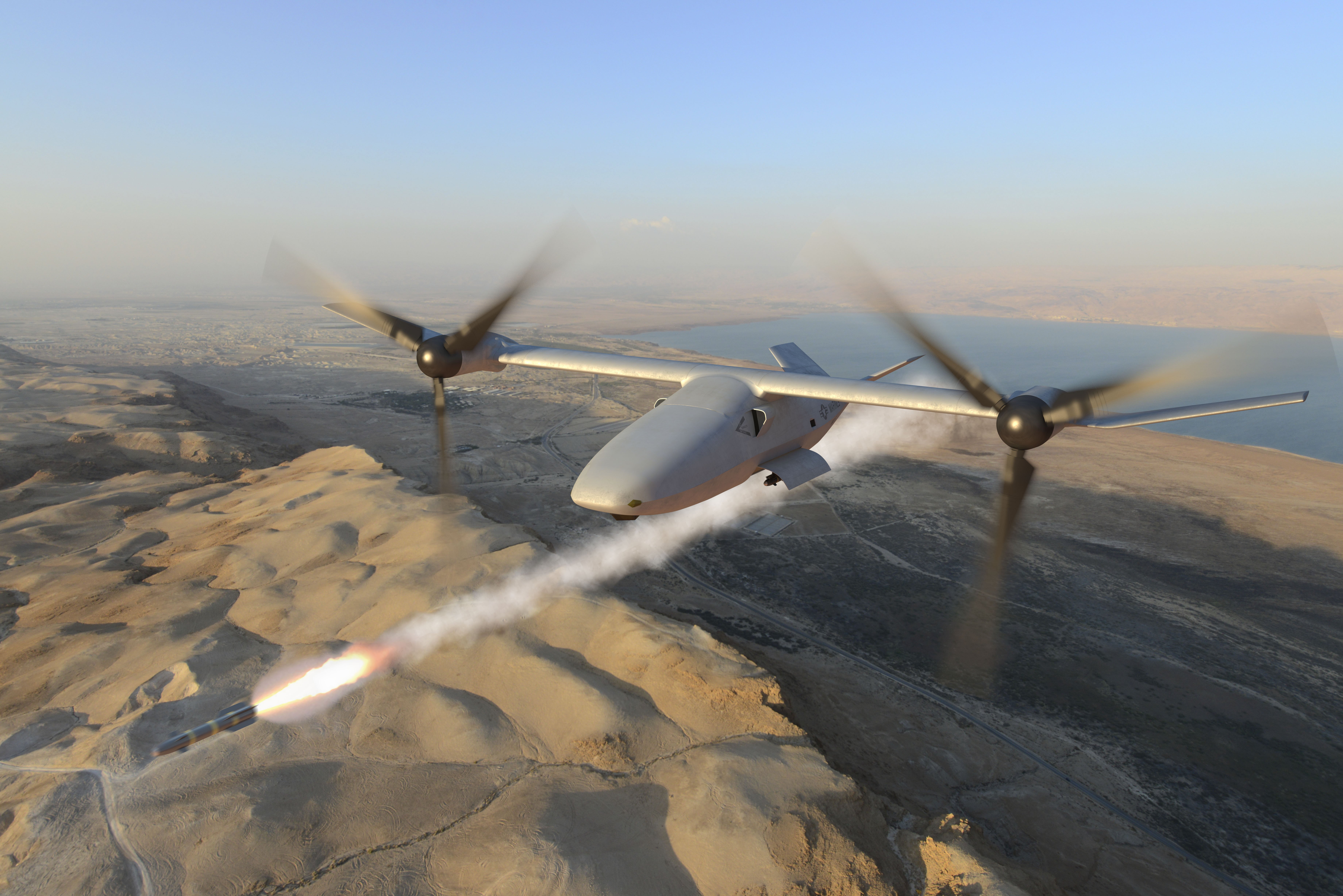 The Bell V-247 tiltrotor is an unmanned aerial system (UAS) that will combine the vertical lift capability of a helicopter with the speed and range of a conventional fixed-wing aircraft, and would provide long-endurance persistent expeditionary and surveillance and fires capabilities. Bell rendering.