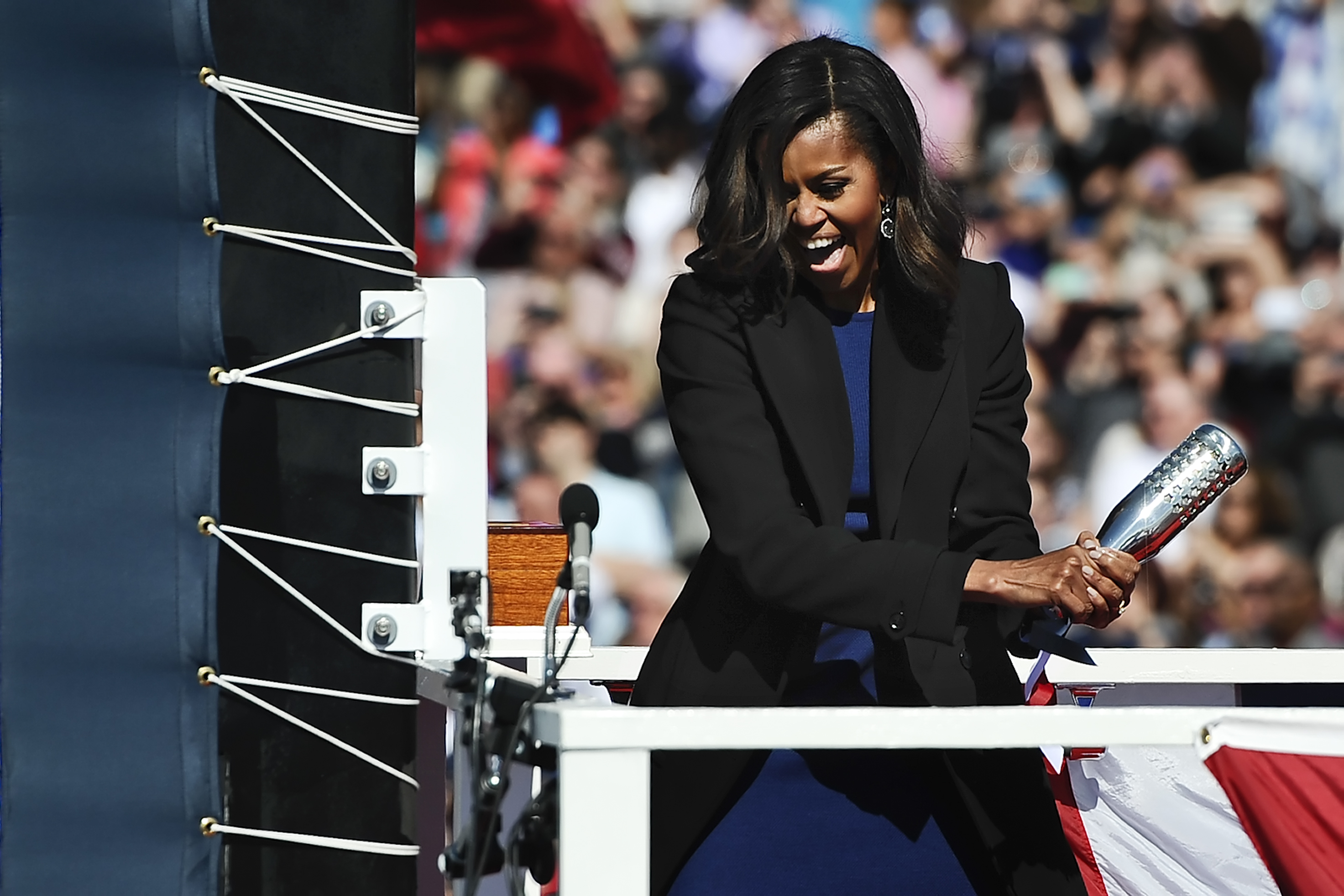 First lady Michelle Obama christens the USS Illinois 