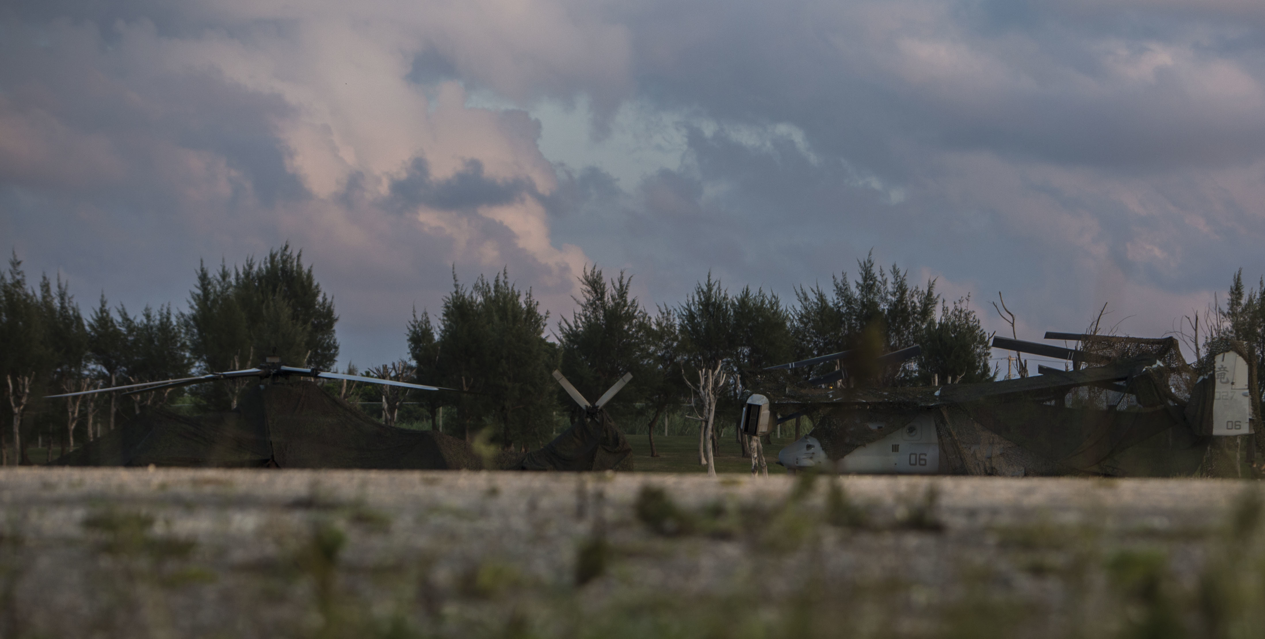 An MV-22B Osprey tiltrotor aircraft and a UH-1Y Venom helicopter are camouflaged to prevent detection from above during Blue Chromite 2017 in Okinawa, Japan, October 31, 2016. Camouflaging the aircraft overnight is one of the methods used by forward deployed Marines during BC17 to remain agile with a reduced signature according to recent guidance from the Commandant. Blue Chromite is a U.S.-only exercise which strengthens the Navy-Marine Corps expeditionary, amphibious rapid-response capabilities based in Okinawa and greater Indo-Asia-Pacific region. The Osprey belongs to Marine Tiltrotor Squadron 265 and the Venom belongs to Marine Light Attack Helicopter Squadron 469. Both aircraft belong to Marine Aircraft Group 36, 1st Marine Air Wing, III Marine Expeditionary Force. (U.S. Marines Corps photo by Lance Cpl. Kelsey Dornfeld/ Released)