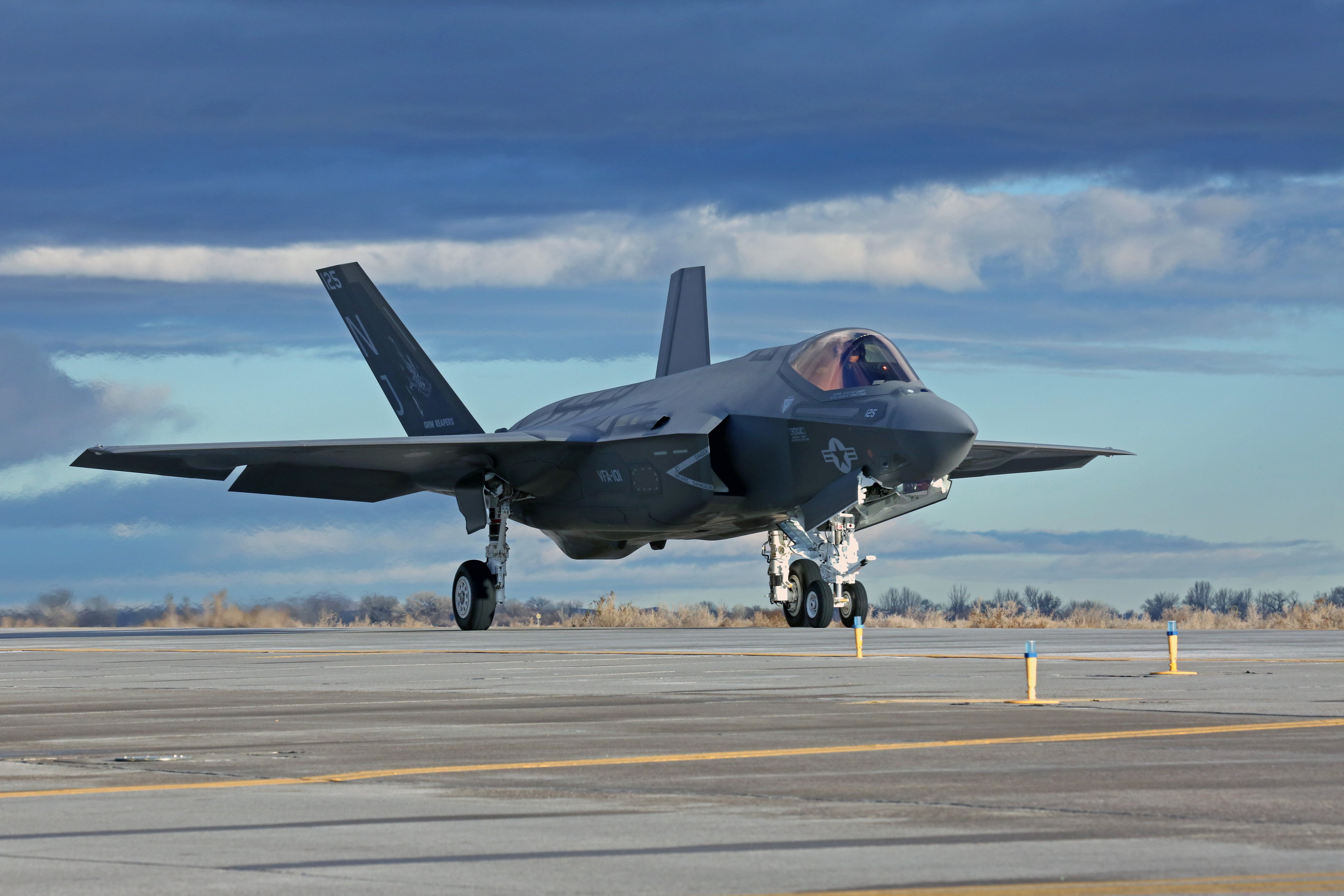 An F-35C Lightning II, attached to the Grim Reapers of Strike Fighter Squadron (VFA) 101, taxis about Naval Air Station Fallon on Dec. 16, 2016. US Navy Photo