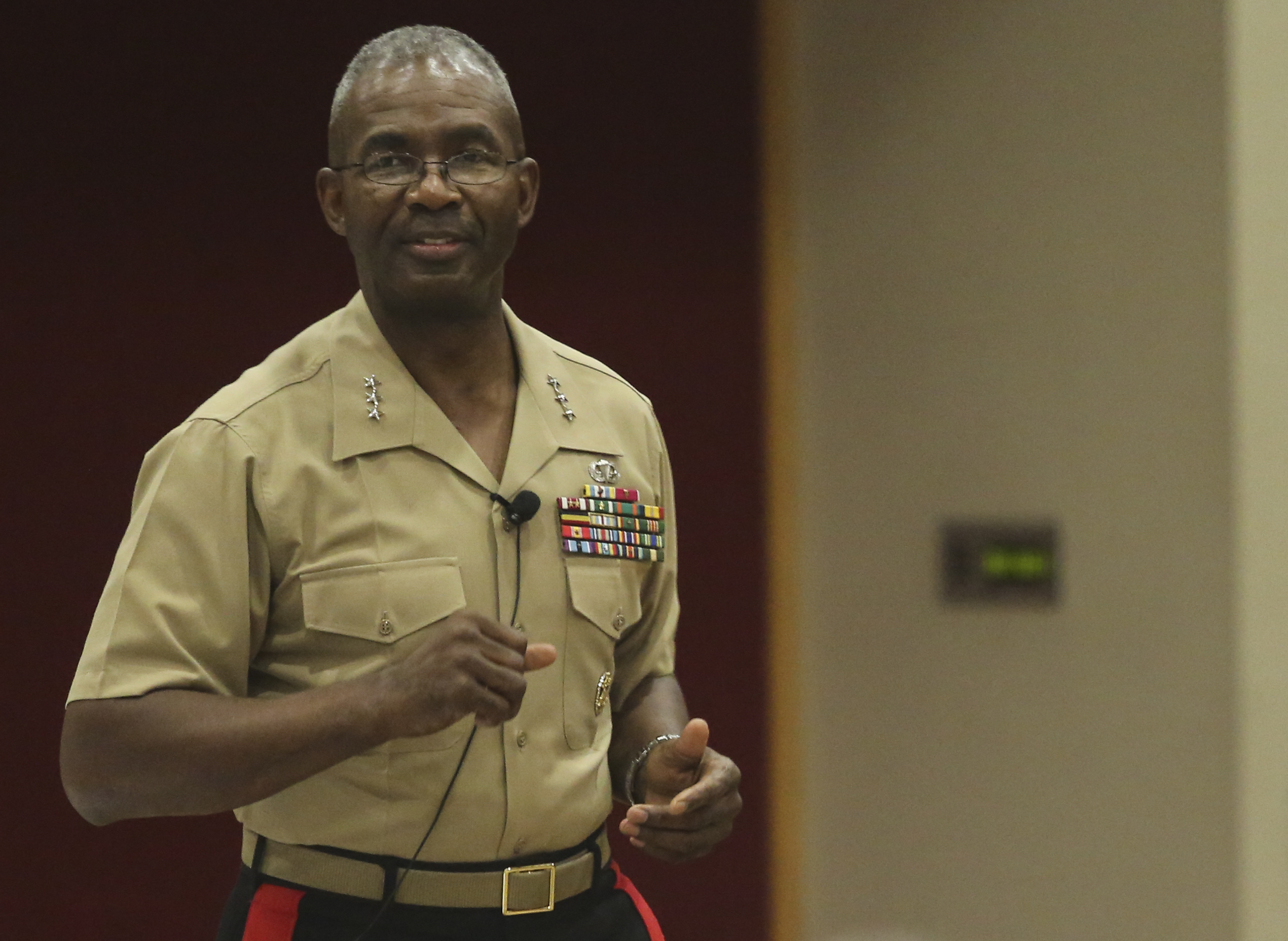 Lt. Gen. Ronald L. Bailey, left, Deputy Commandant of Plans, Policies and Operations and alumnus of Austin Peay State University, speaks to students of the Marine Corps Leadership Seminar at the college in Clarksville, Tenn., Sept. 8, 2016. US Marine Corps Photo