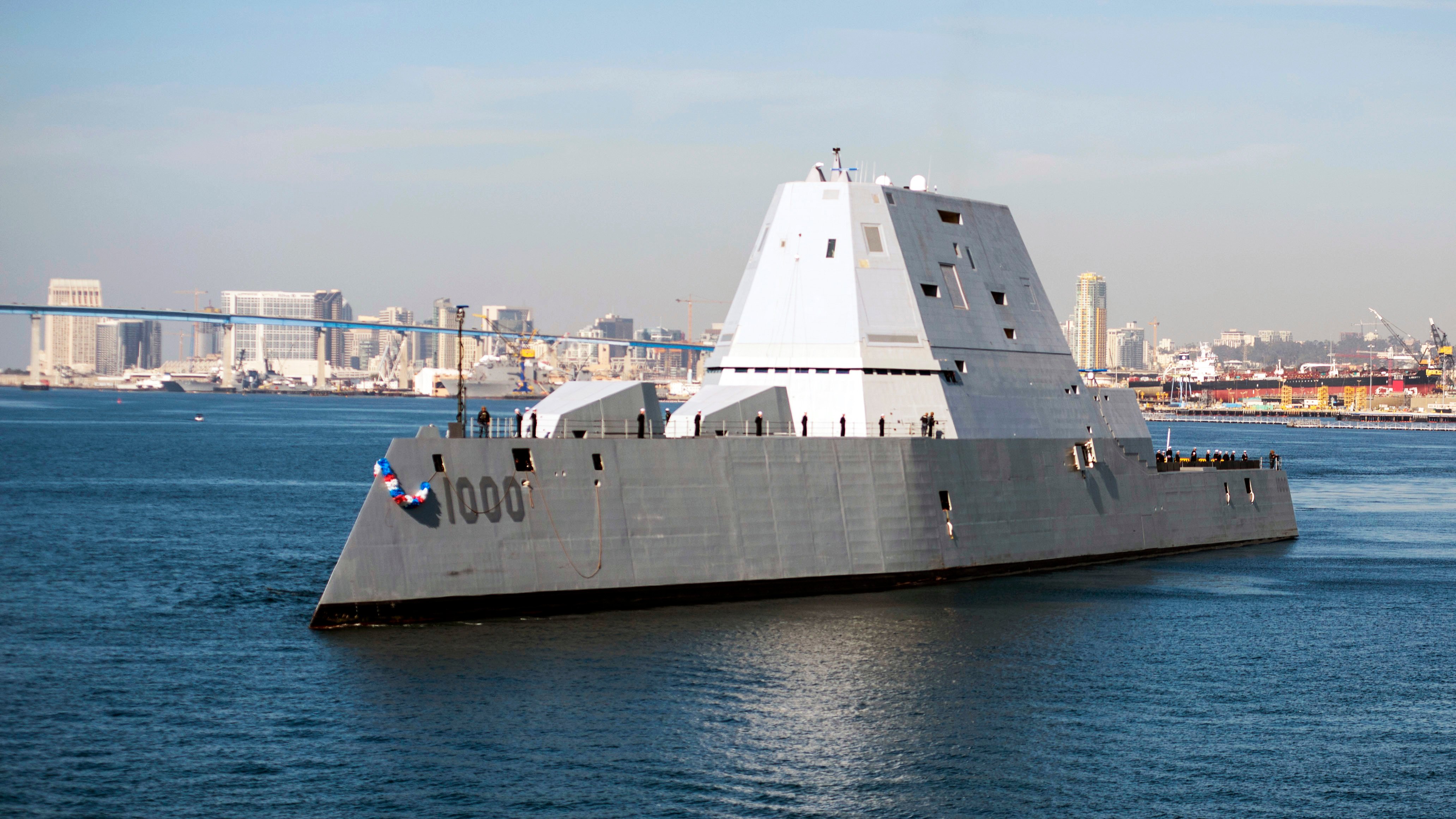 The guided-missile destroyer USS Zumwalt (DDG 1000) arrives at its new homeport in San Diego on Dec. 8, 2016. US Navy photo.