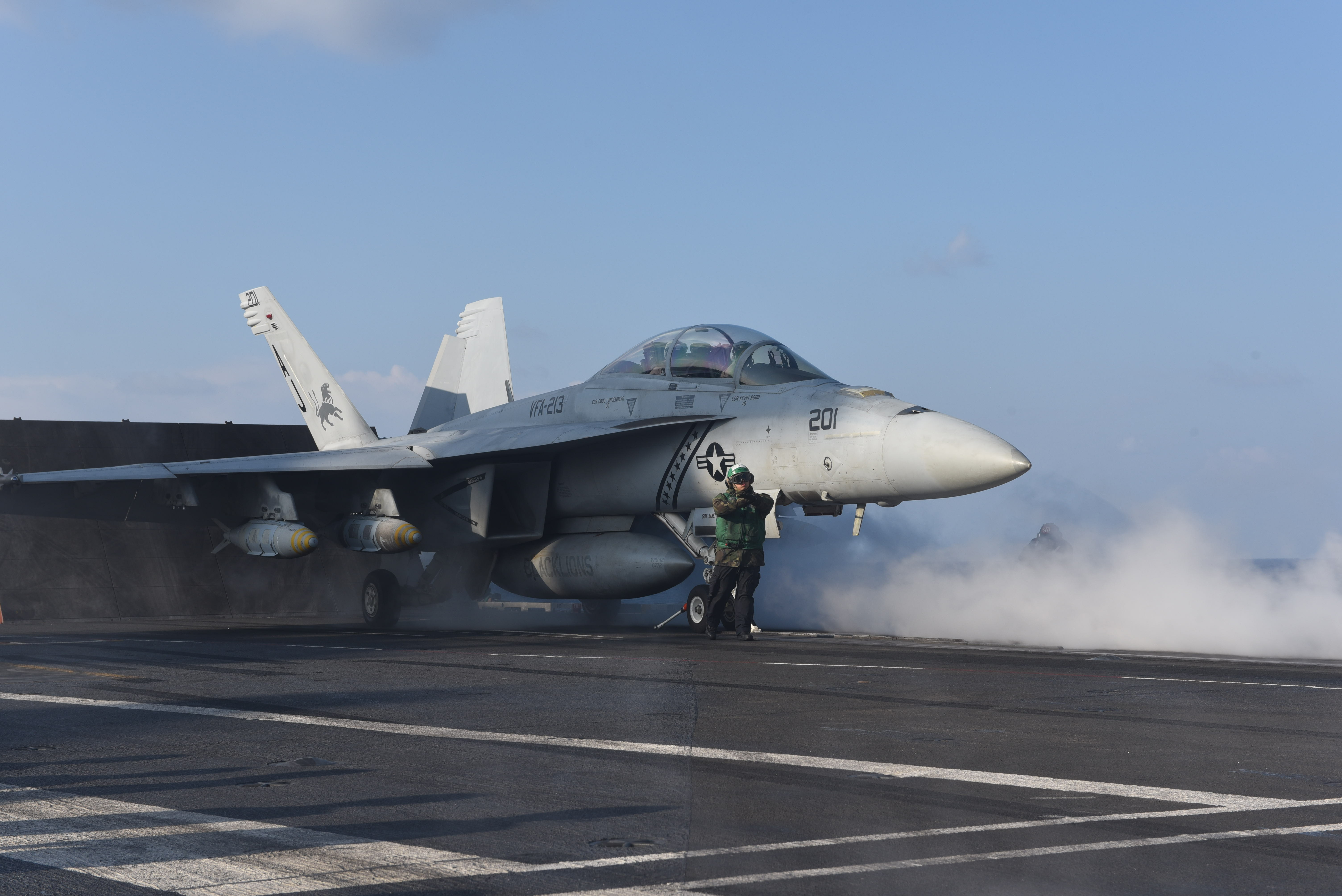 An F/A-18F Super Hornet attached to the Black Lions of Strike Fighter Squadron (VFA) 213 launches from the aircraft carrier USS George H.W. Bush (CVN 77) in support of Operation Inherent Resolve on Feb. 13, 2017. US Navy Photo