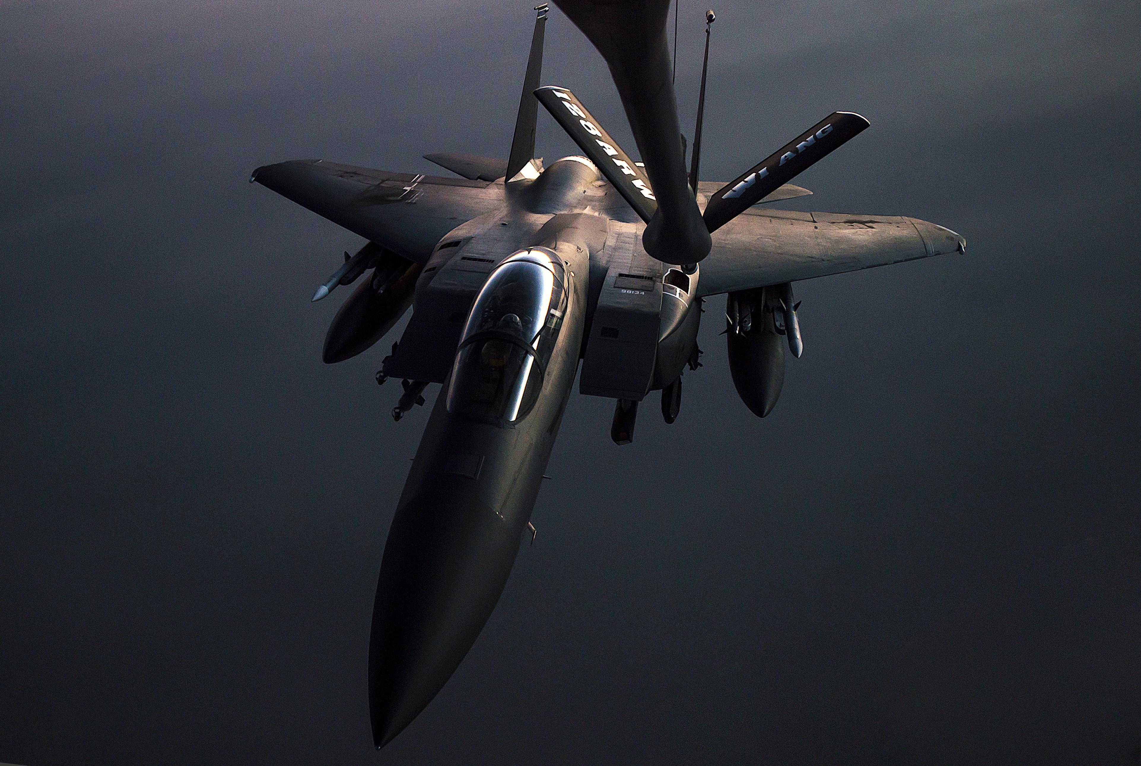 An F-15E Strike Eagle arrives to receive fuel from a 340th Expeditionary Air Refueling Squadron KC-135 Stratotanker during a flight in support of Operation Inherent Resolve May 23, 2017. US Air Force Air Force 