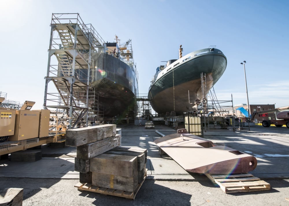 Pictured here are Coast Guard Cutter Willow and Coast Guard Cutter Sturgeon Bay, drydocked Feb. 24, 2017 at Coast Guard Yard Baltimore. Both cutters were receiving maintenance and were scheduled to return to the fleet after maintenance completion. (Coast Guard Photo)