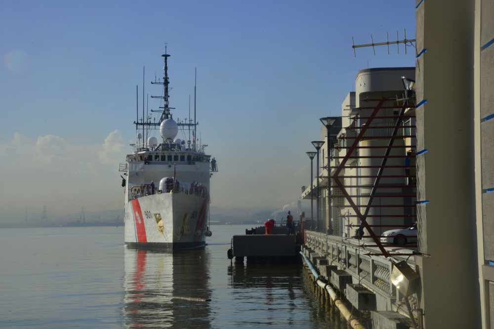 The crew of the Coast Guard Cutter Bear, a 270 foot, medium endurance cutter, arrives in San Juan, Puerto Rico, to deliver supplies, Oct. 9, 2017. The supplies included donations collected by Customs and Border Patrol members. (U.S. Coast Guard photo)