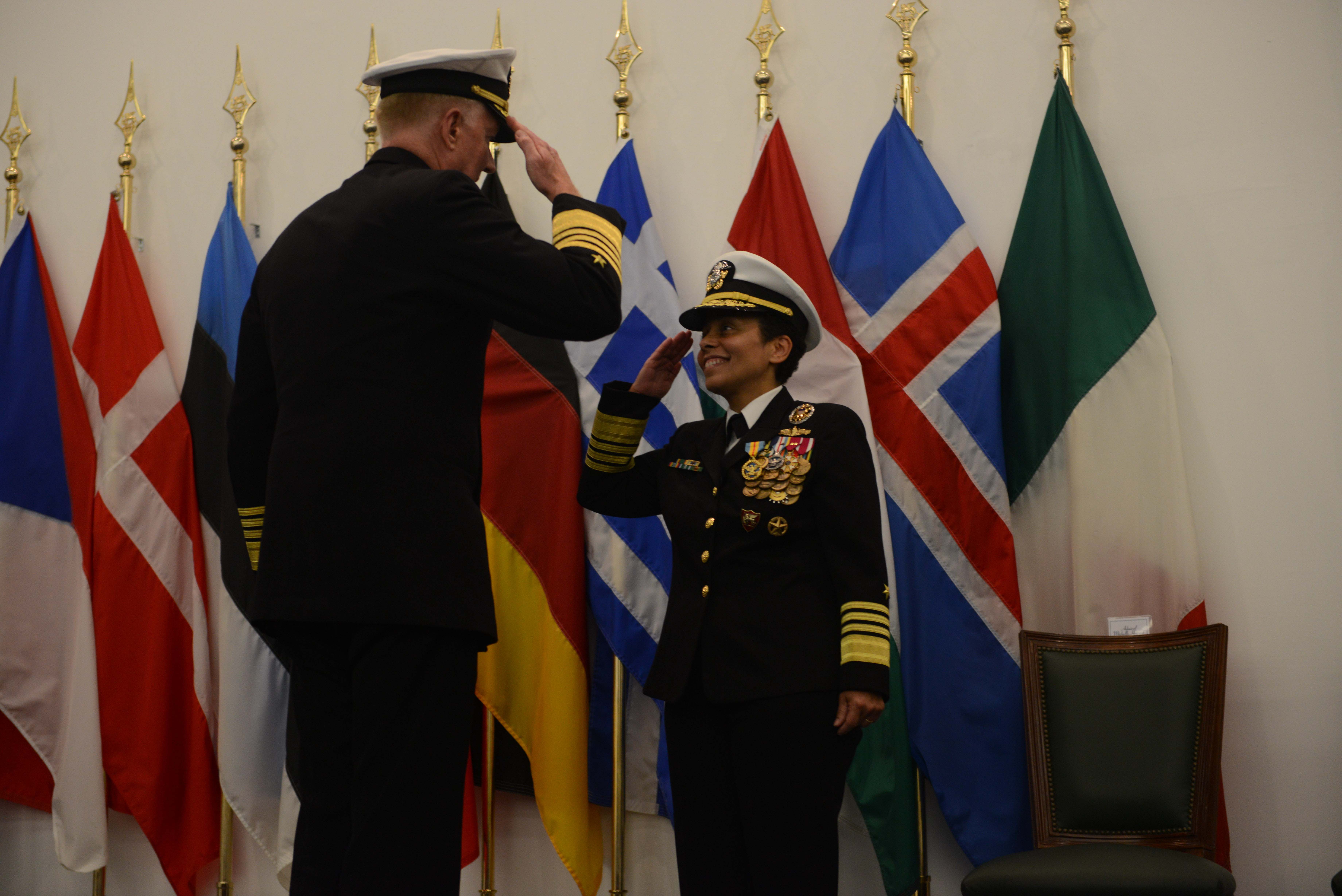 171020-N-WO404-188 NAPLES, Italy (Oct. 20, 2017) Adm. James Foggo III relieves Adm. Michelle Howard as commander, Allied Joint Force Command Naples and commander, U.S. Naval Forces Europe-Africa during a change of command ceremony held at the Allied Joint Force Command auditorium in Naples, Italy. (U.S. Navy photo)