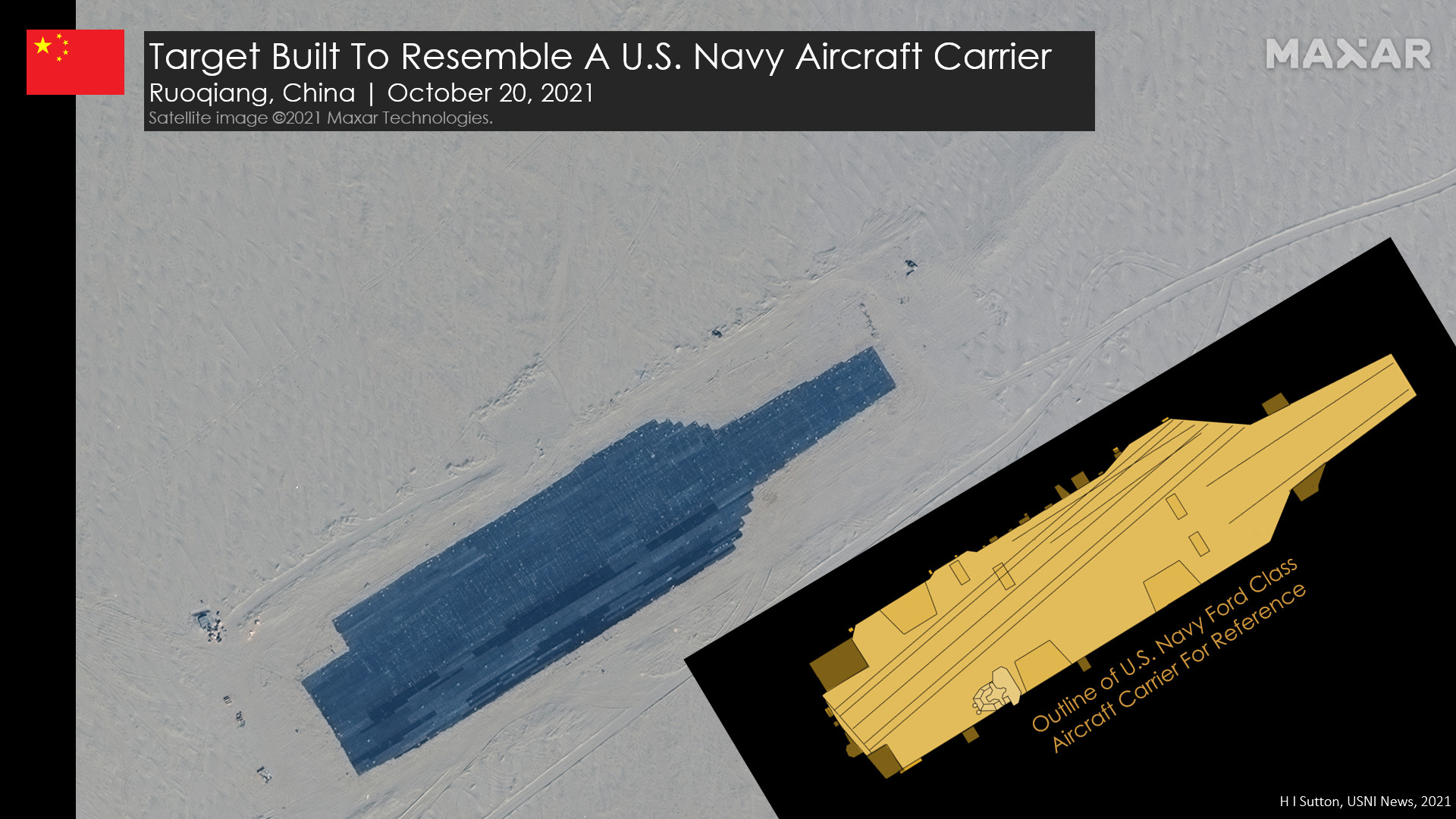 satellite image of a target in the shape of a U.S. aircraft carrier 