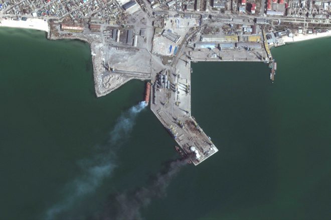 Satellite Images Confirm Russian Navy Landing Ship Was Sunk at Berdyansk