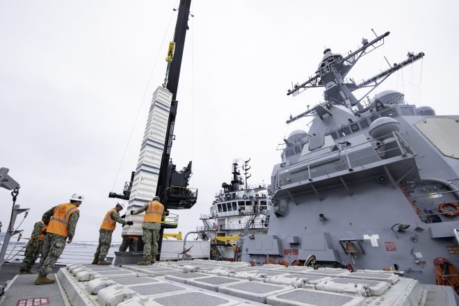 Navy Tests Reloading Missiles on Destroyer in San Diego Bay, Open Ocean Tests Tougher Task