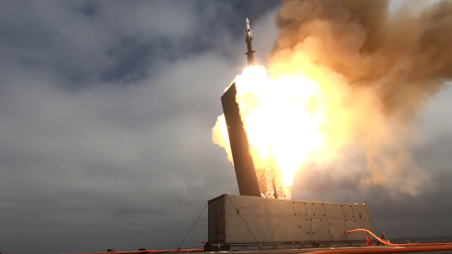 Littoral Combat Ship Fires a Standard Missile 6 from Experimental Launcher at Sea