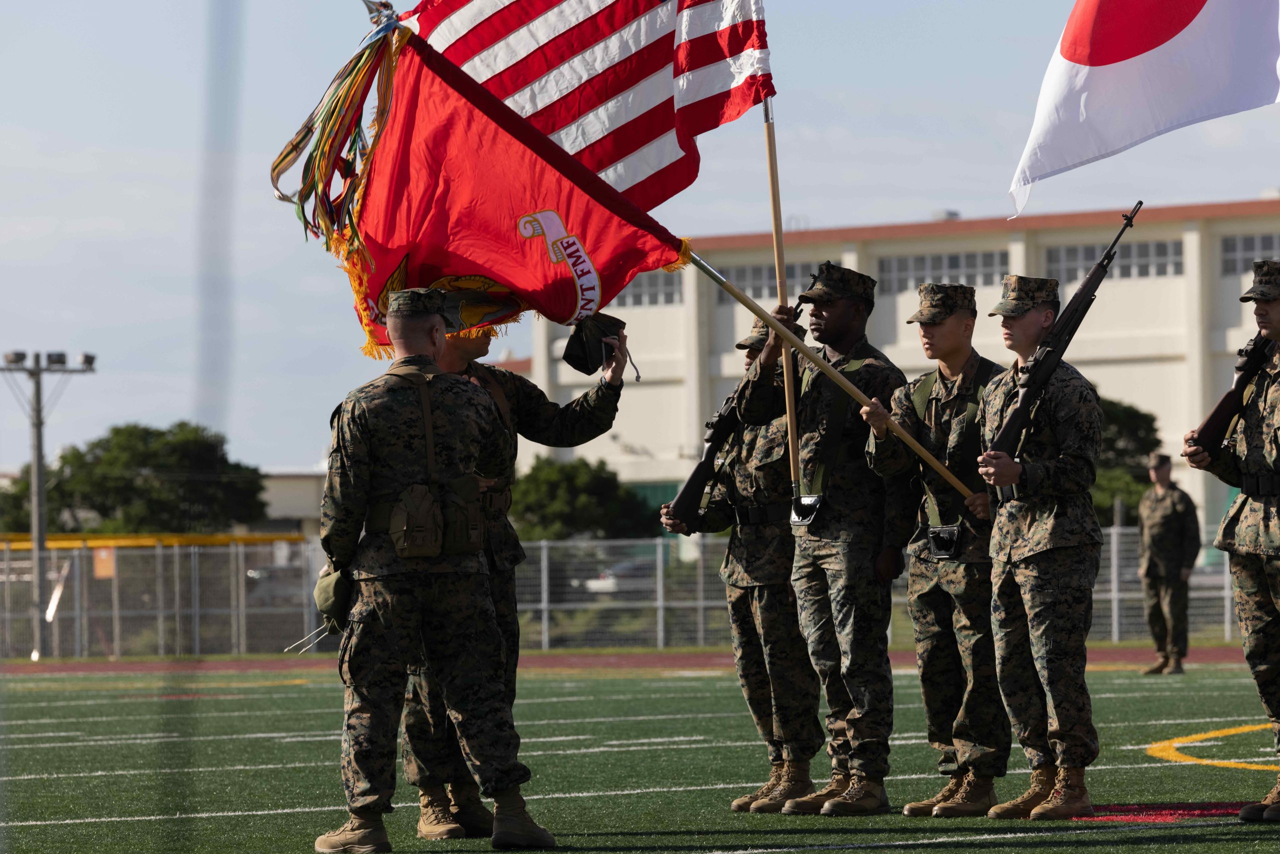 A Marine stands guard near the site of the Marine Battalion