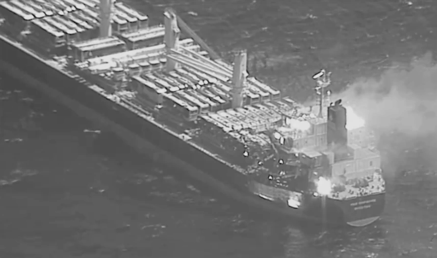 M/V True Confidence, a Barbados-flagged, Liberian-owned bulk carrier after getting hit wiht a Houthi missile while transiting the Gulf of Aden on March 6, 2024. US CENTCOM Photo